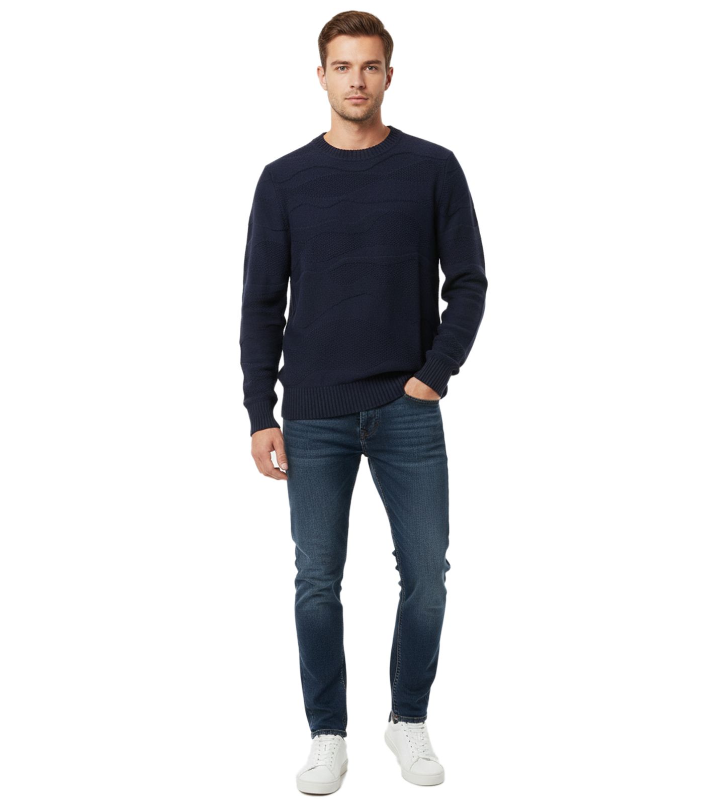 Stylischer ESPRIT Herren Strick-Pullover mit Wellen-Muster Rundhals-Sweater Baumwoll-Pullover Dunkelblau