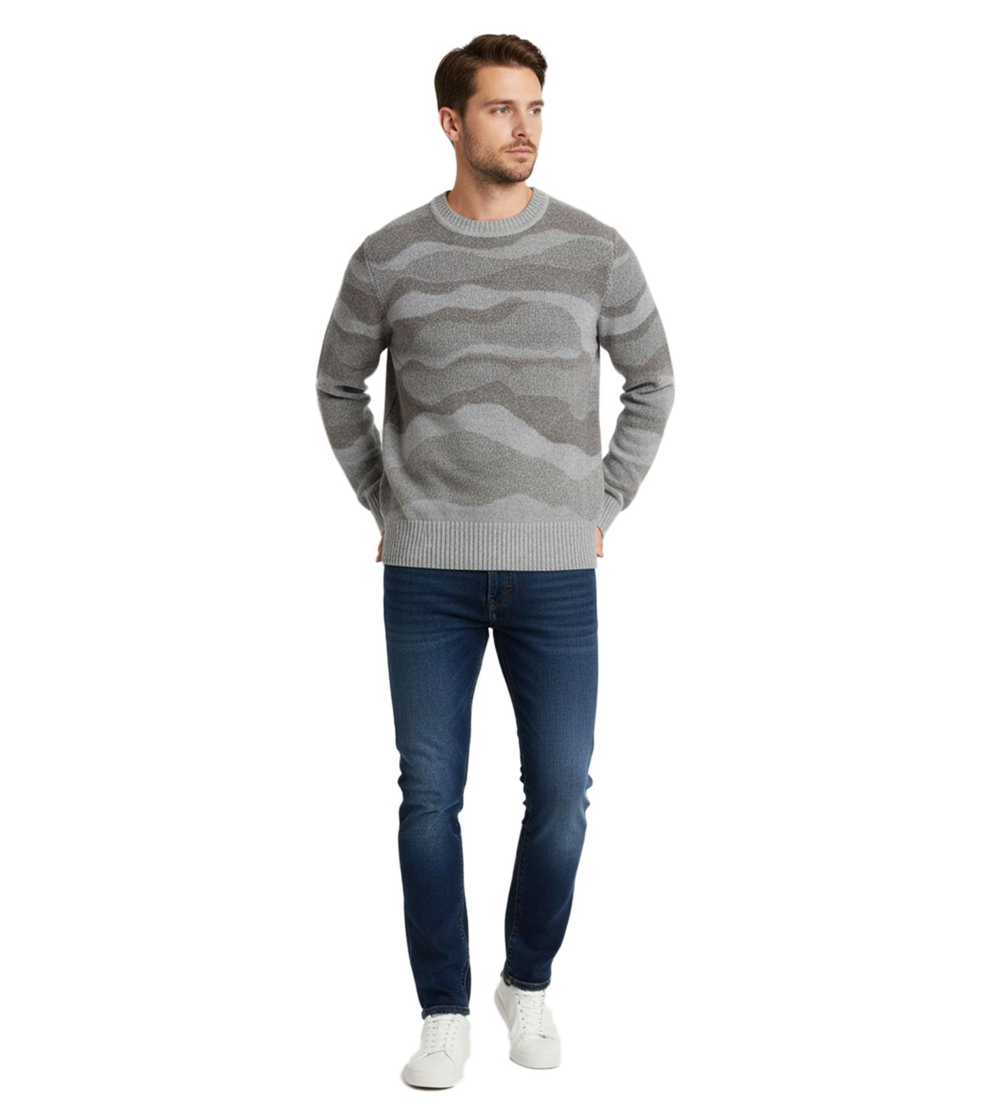 Stylischer ESPRIT Herren Strick-Pullover mit Wellen-Muster Rundhals-Sweater Baumwoll-Pullover Grau