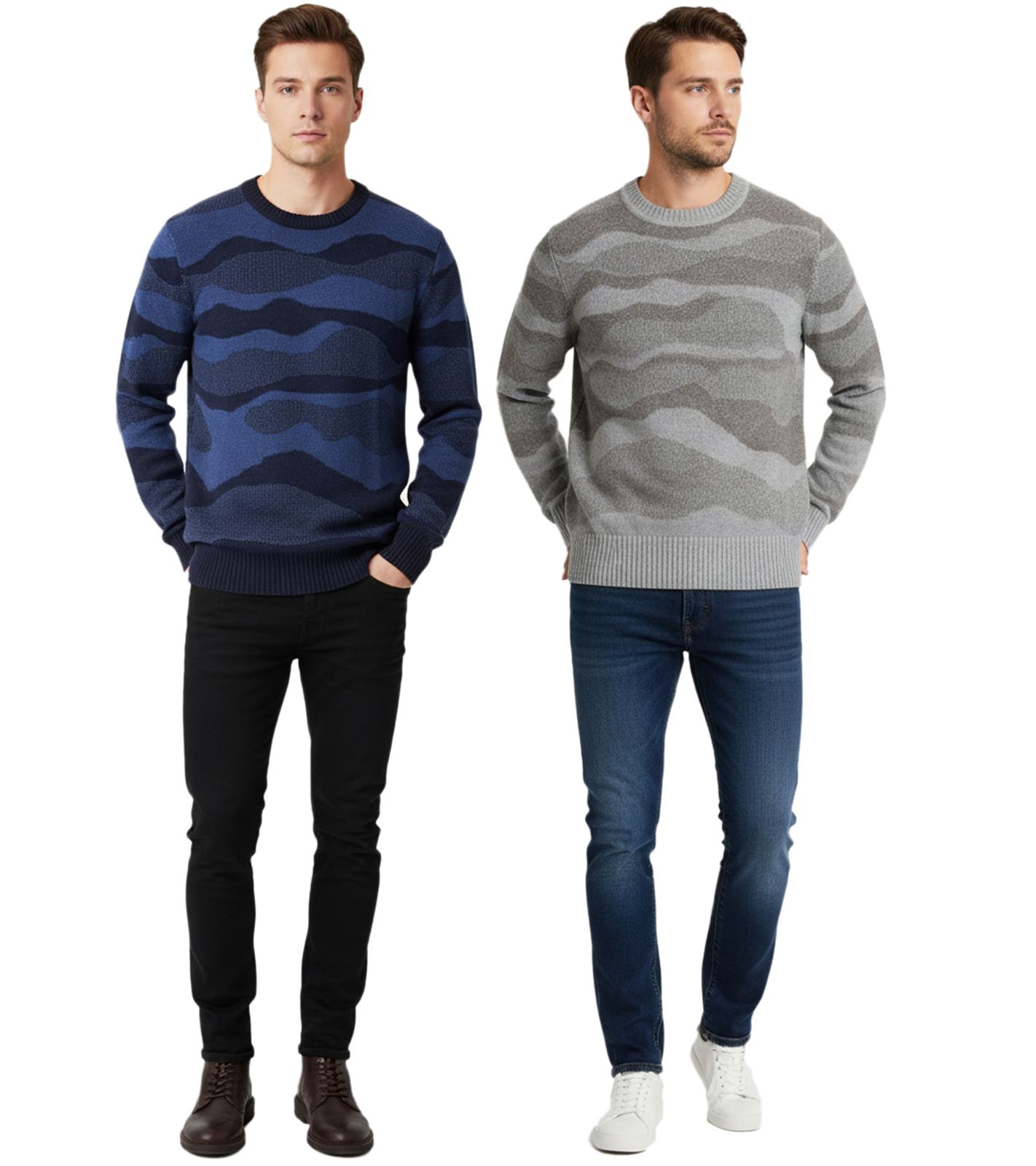 Stylischer ESPRIT Herren Strick-Pullover mit Wellen-Muster Rundhals-Sweater Baumwoll-Pullover in Grau oder Blau