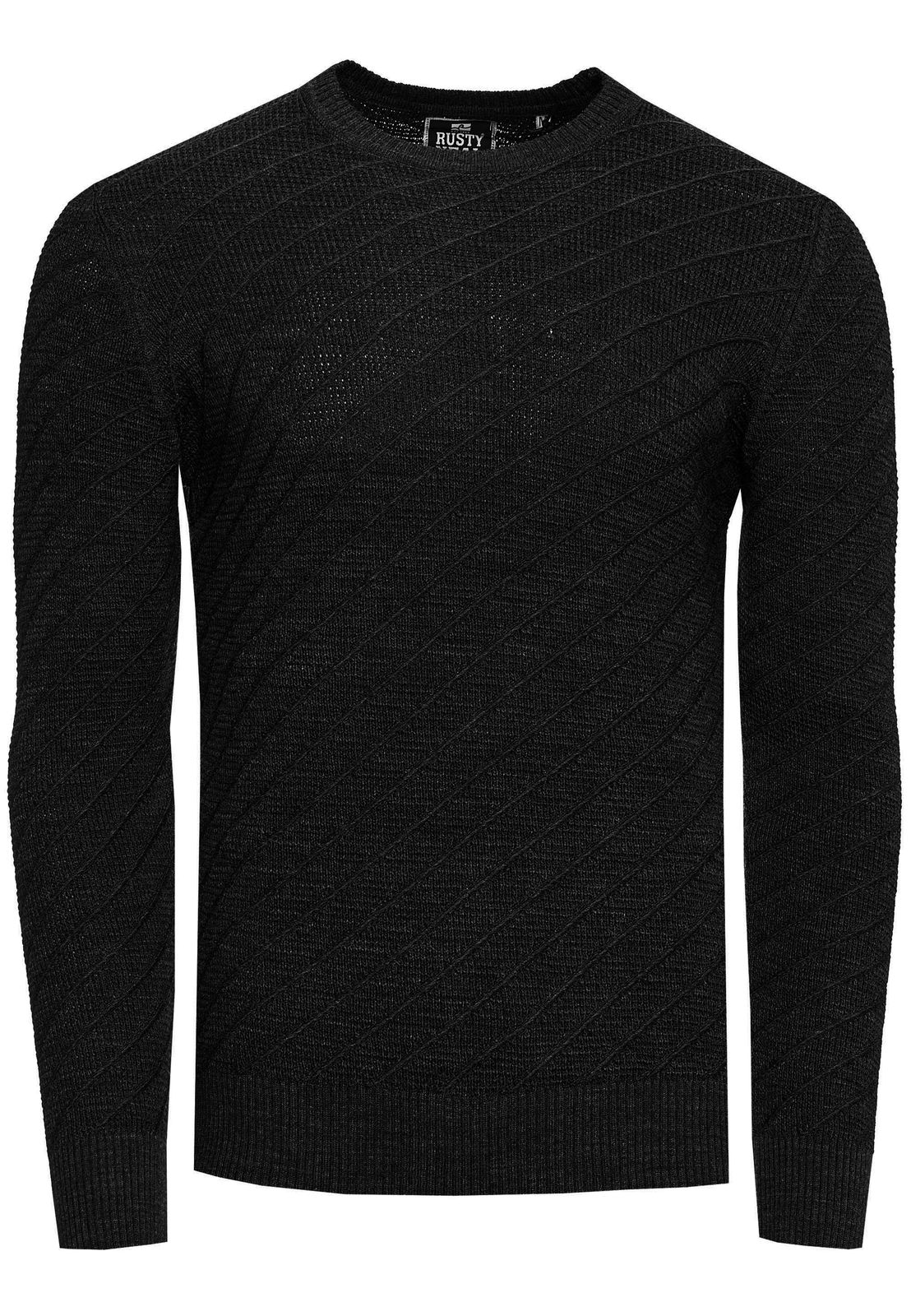 Stylischer Herren Feinstrick-Pullover mit diagonalem Strukturmuster Rundhals-Sweater 13374 Schwarz