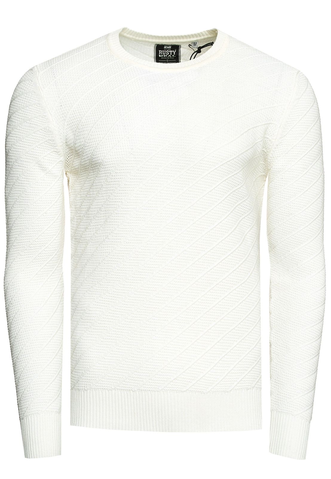 Stylischer Herren Feinstrick-Pullover mit diagonalem Strukturmuster Rundhals-Sweater 13374 Weiß