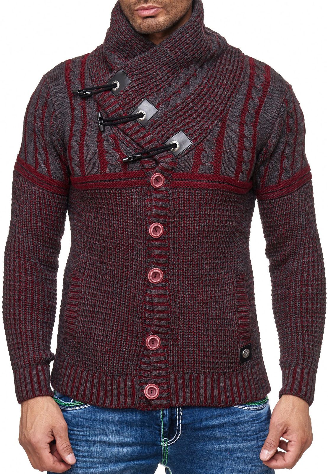 Stylischer Herren Grobstrick-Pullover mit Stehkragen und Knebelverschluss Kontrast Strick-Sweater 13288 Bordeaux