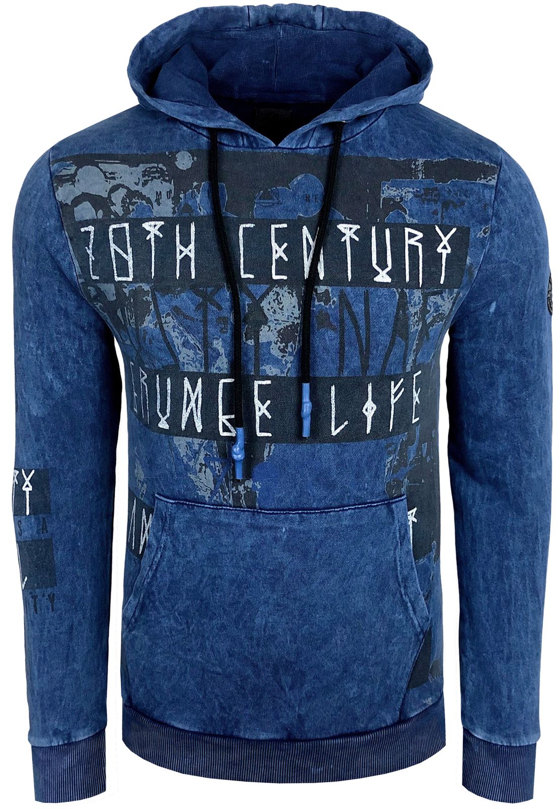 Stylischer Herren Kapuzen-Pullover Oil-Washed Hoodie mit Grunge-Print Sweatshirt 19124 Sax-Blau