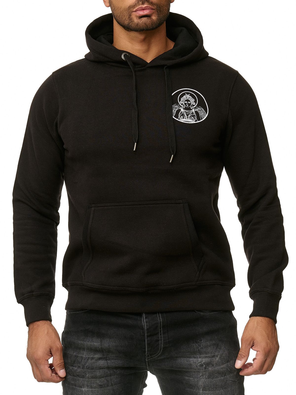 Stylischer Herren Kapuzen-Sweater mit Engel Print und großem Rückendruck Hoodie Pullover 19102 Schwarz
