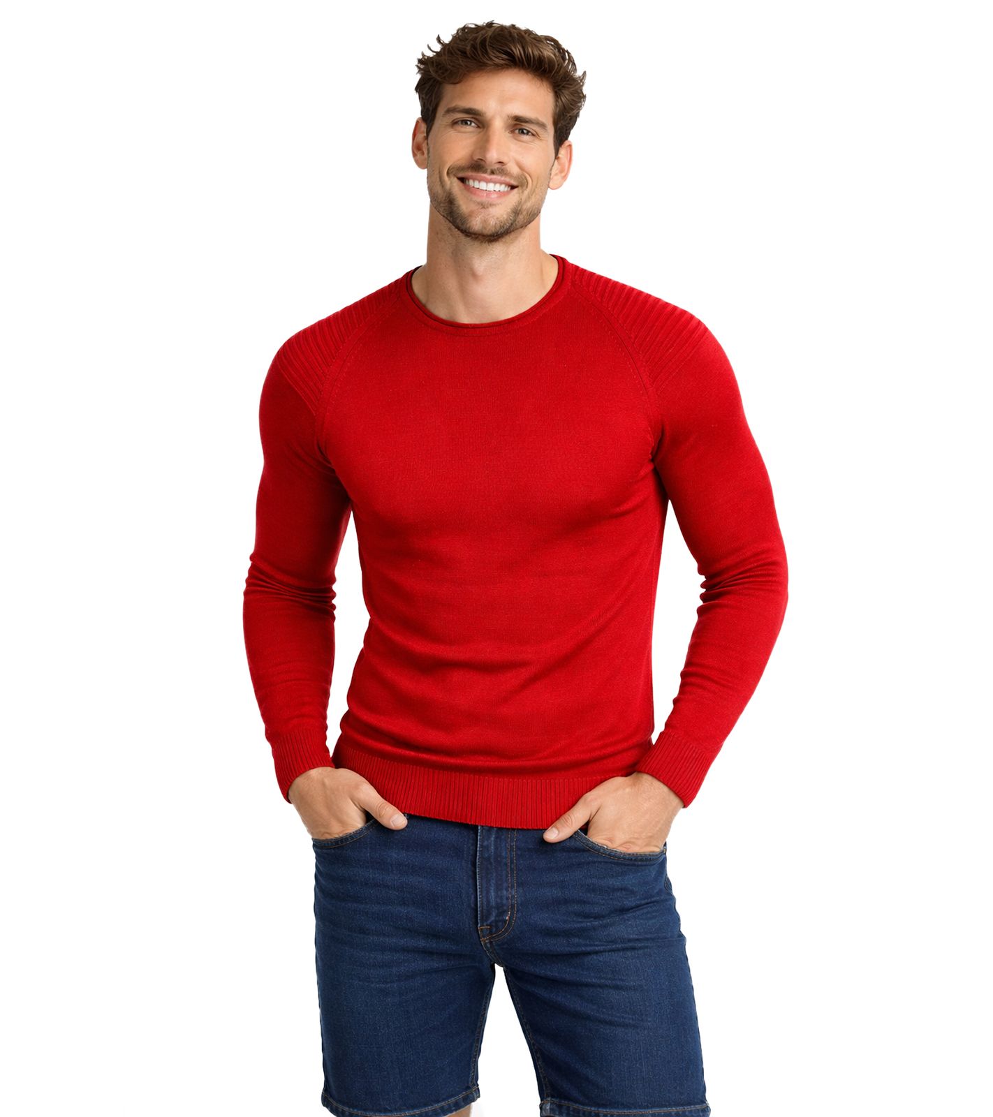 Stylischer Herren Strick-Pullover Biker-Look Slim Fit Rundhals-Sweater 6269 Rot