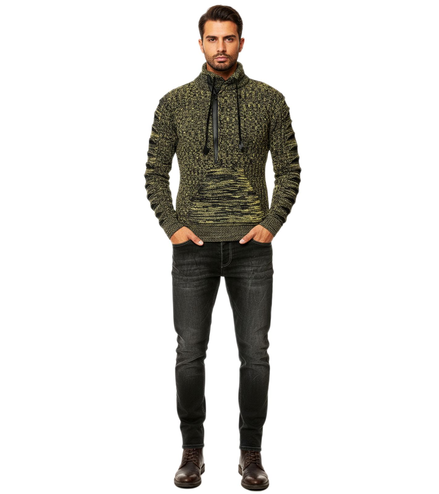 Stylischer Herren Strick-Pullover mit gestrickten Schlitzen am Ärmel Sweater 13328 Gelb