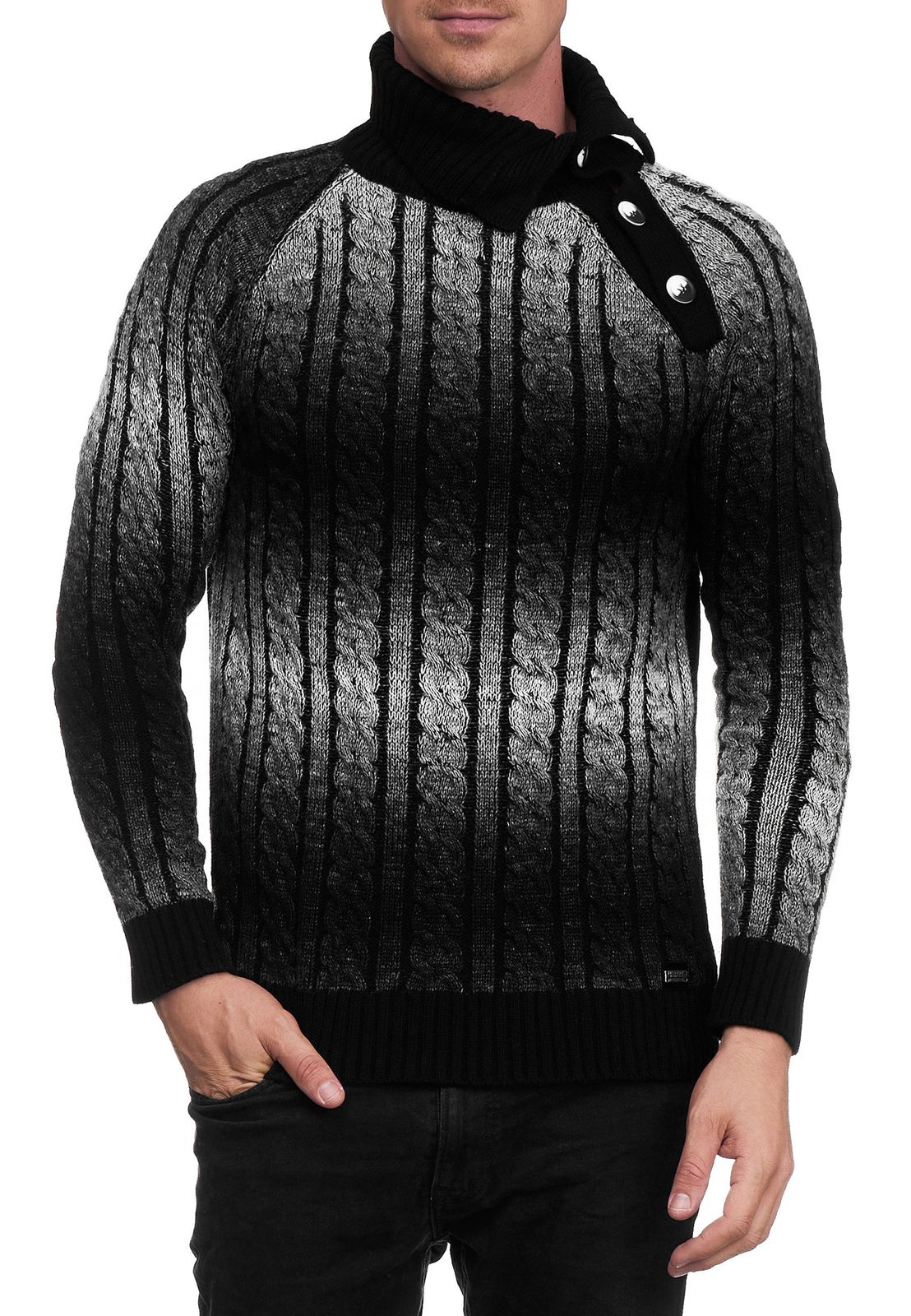 Stylischer Herren Strick-Pullover mit Rollkragen und Farbverlauf Struktur-Sweater 13368 Schwarz