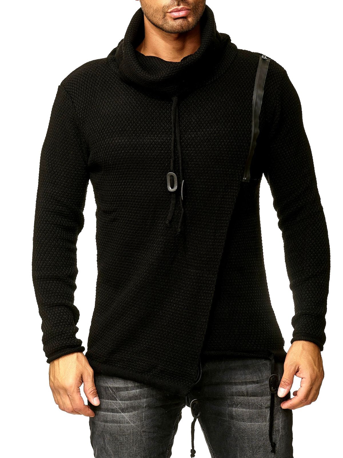 Stylischer Herren Strick-Pullover mit Schalkragen und Reißverschlussdetail Sweater Oversized Look 13336 Schwarz