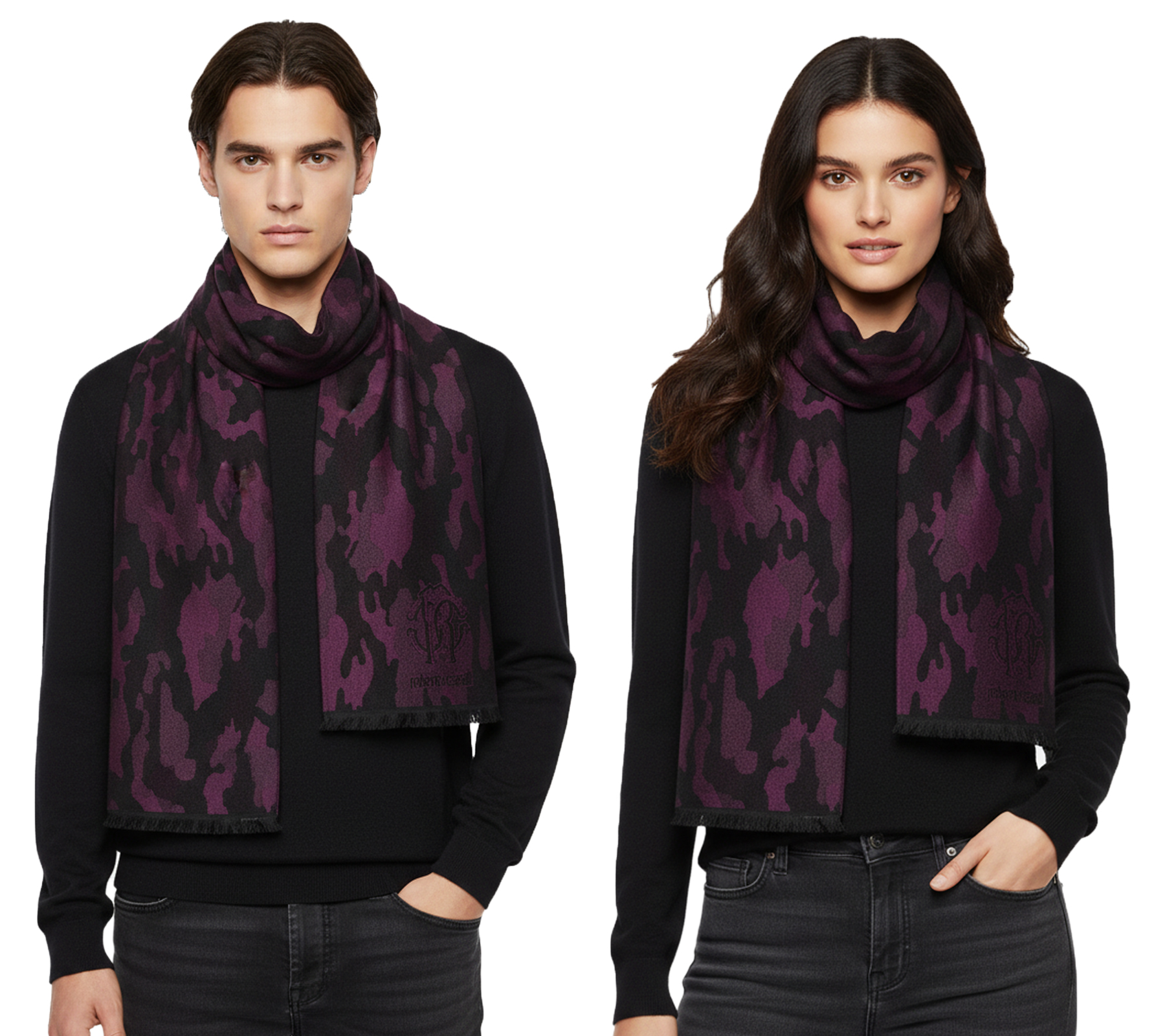 stylischer roberto cavalli Schal für Damen und Herren Halstuch aus reiner Wolle WOV06600003-02374 Schwarz/Rot