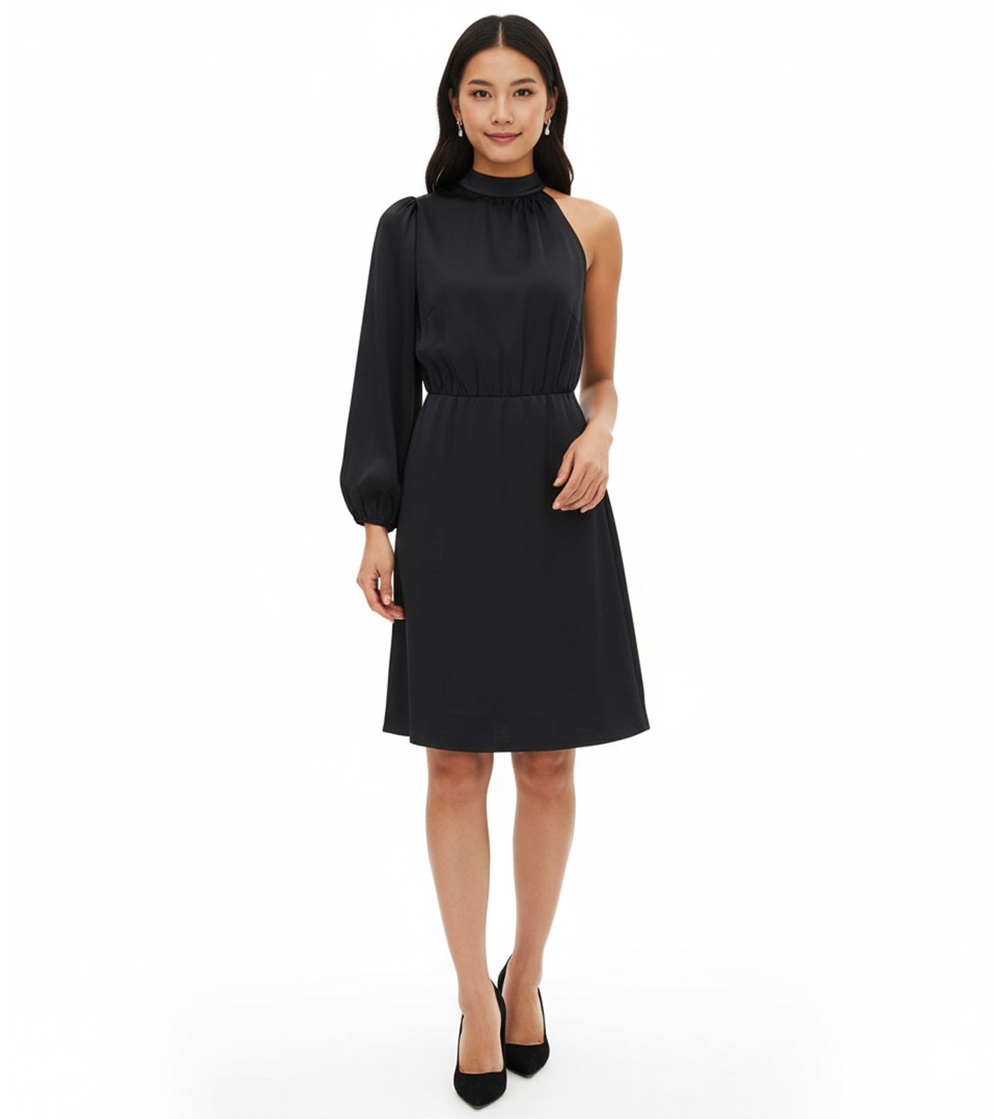 Stylisches Damen One-Shoulder-Kleid aus glänzendem Satin Mini-Kleid Satin-Kleid 919324 Schwarz