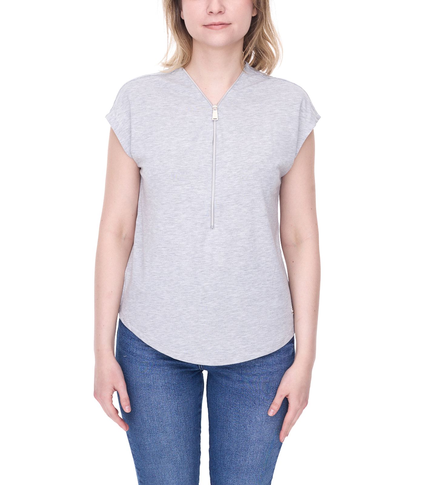 Tamaris Damen Half-Zip Shirt kurzärmliges T-Shirt mit V-Ausschnitt 63630739 Grau