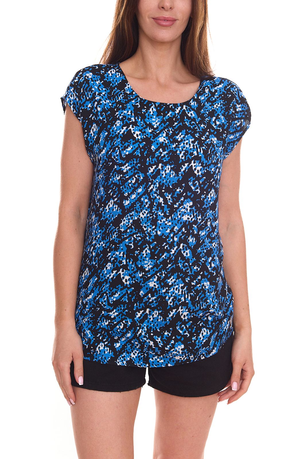 Tamaris Damen Sommer-Shirt Kurzarm-Bluse mit Allover-Muster Sommer-Oberteil 95816943 Schwarz/Blau