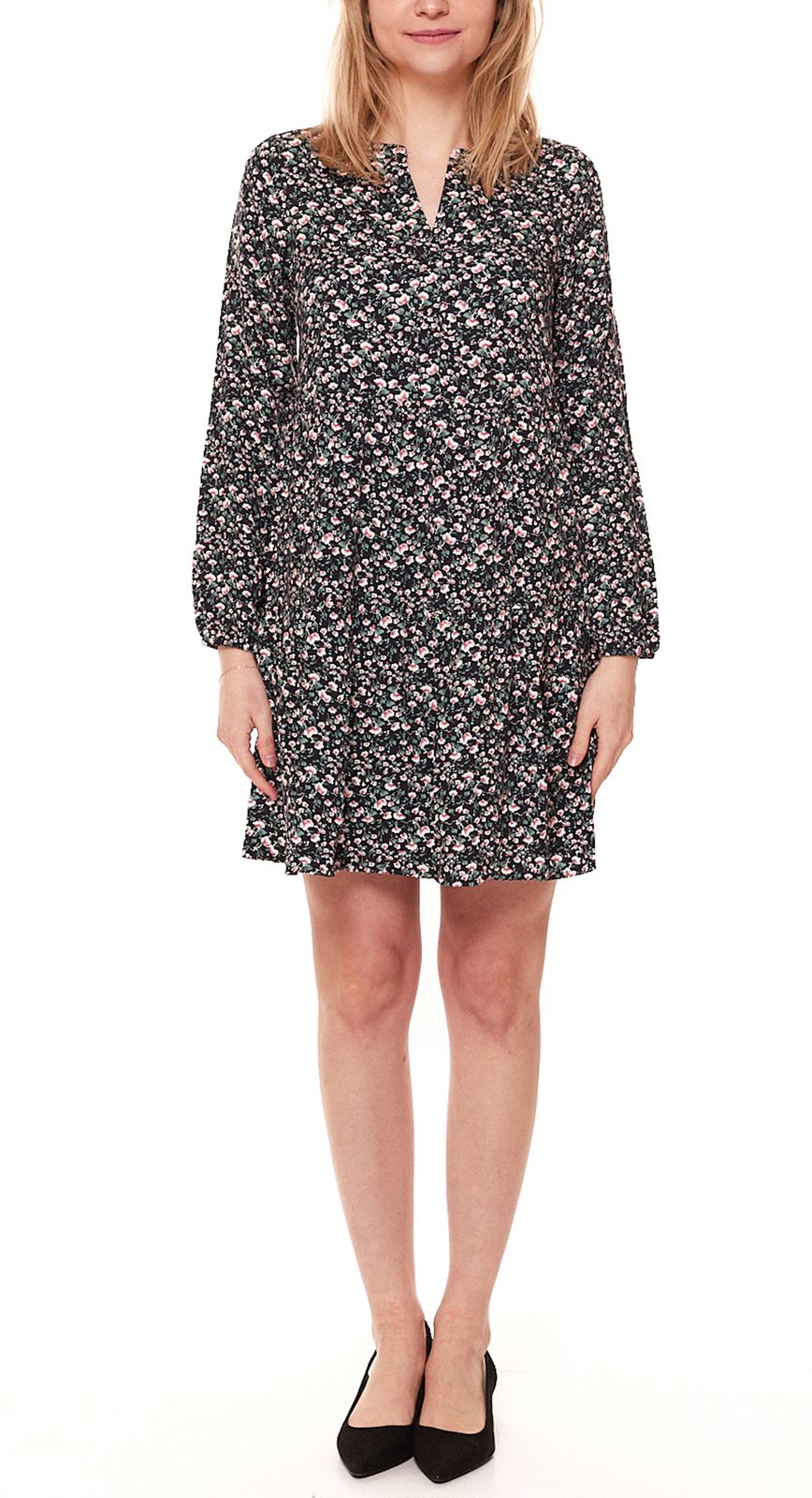 Tamaris IbizaKurz 1/1 Damen Mini-Kleid mit langen Ärmeln Web-Kleid mit floralem Allover-Print 66399409 Schwarz