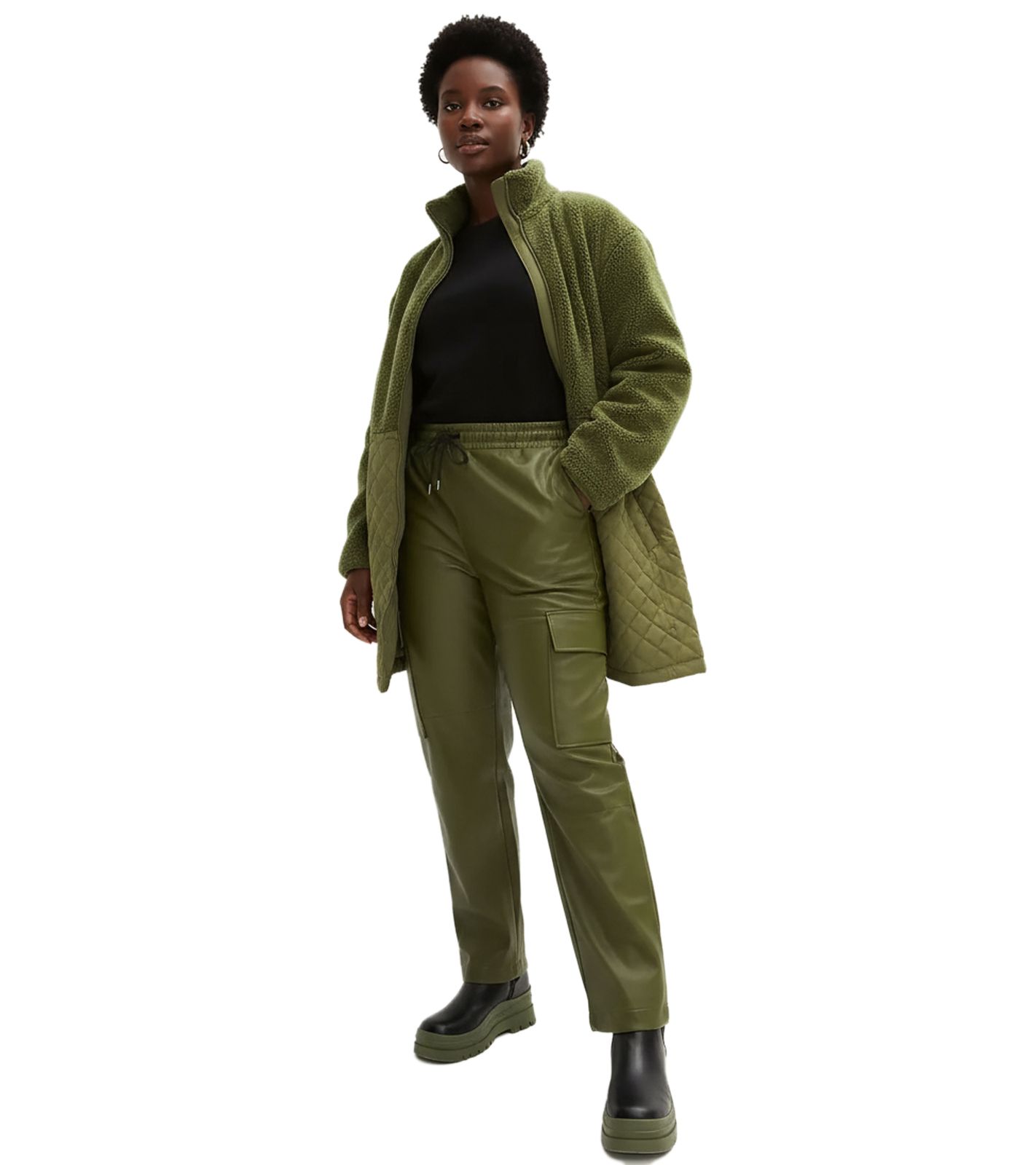 trendige Damen Lederimitat-Hose mit elastischem Gummibund Freizeit-Hose 914386 Dunkelkhaki