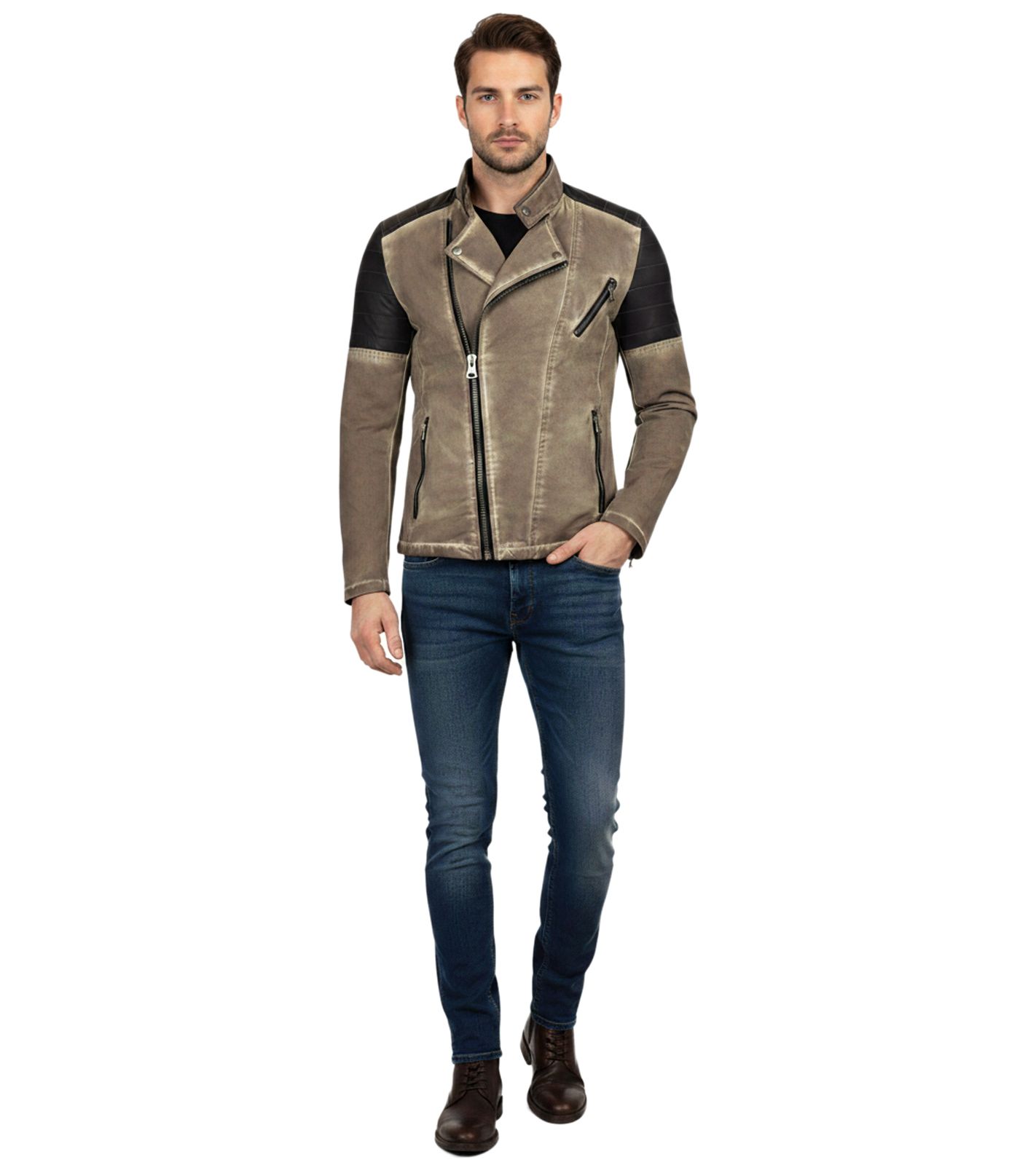 Trendige Herren Biker-Jacke Washed Look mit Kunstleder Ärmeln Slim Fit Übergangs-Jacke 8840 Camel