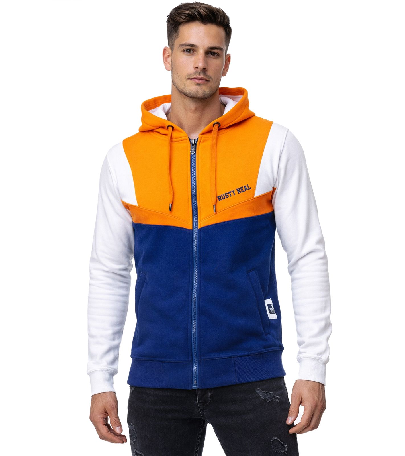 Trendige Herren Sweat-Jacke im Colorblock Design Sweater mit Kapuze sportliche Hoodie-Jacke 19043 Orange