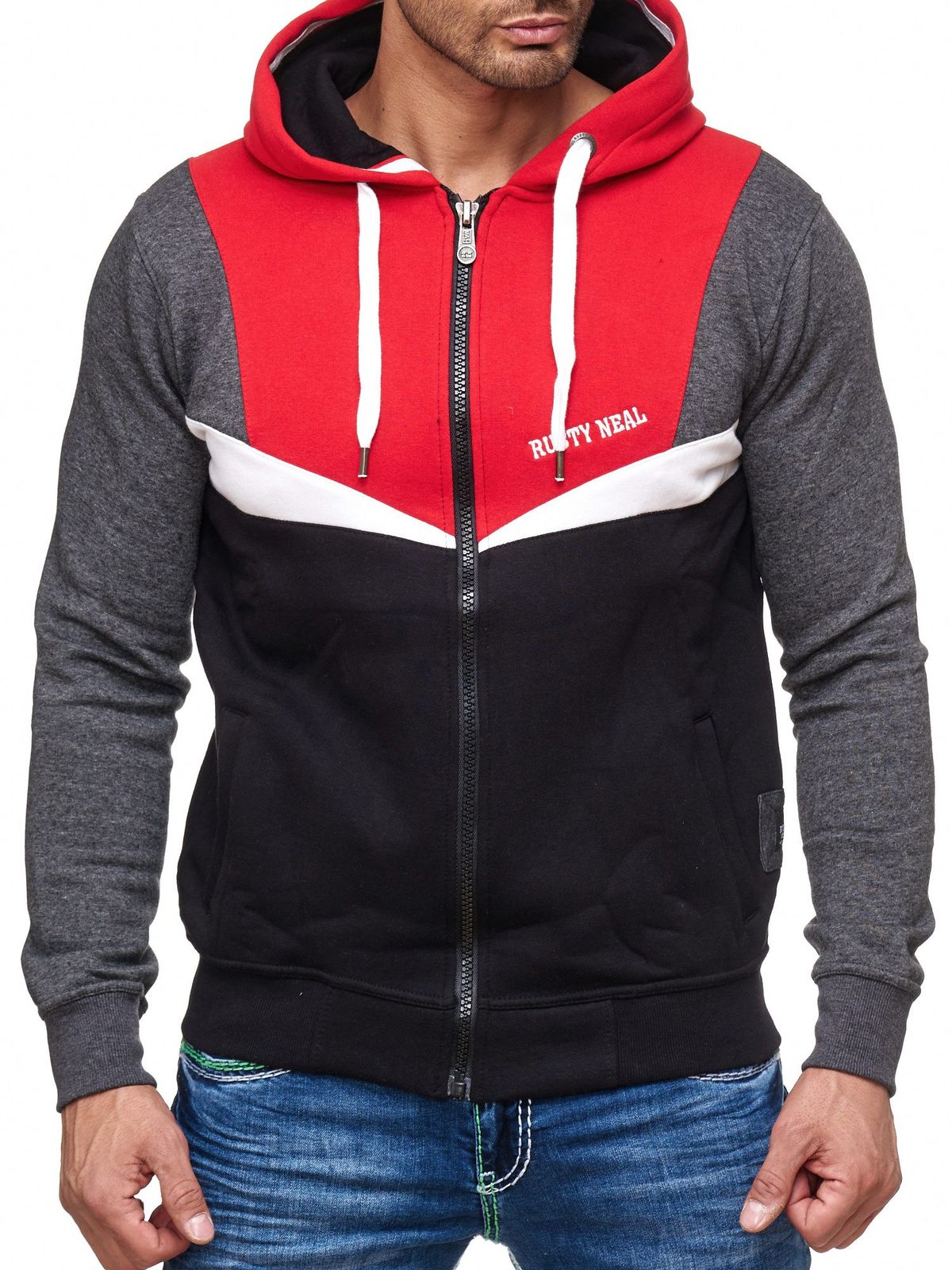 Trendige Herren Sweat-Jacke im Colorblock Design Sweater mit Kapuze sportliche Hoodie-Jacke 19043 Rot