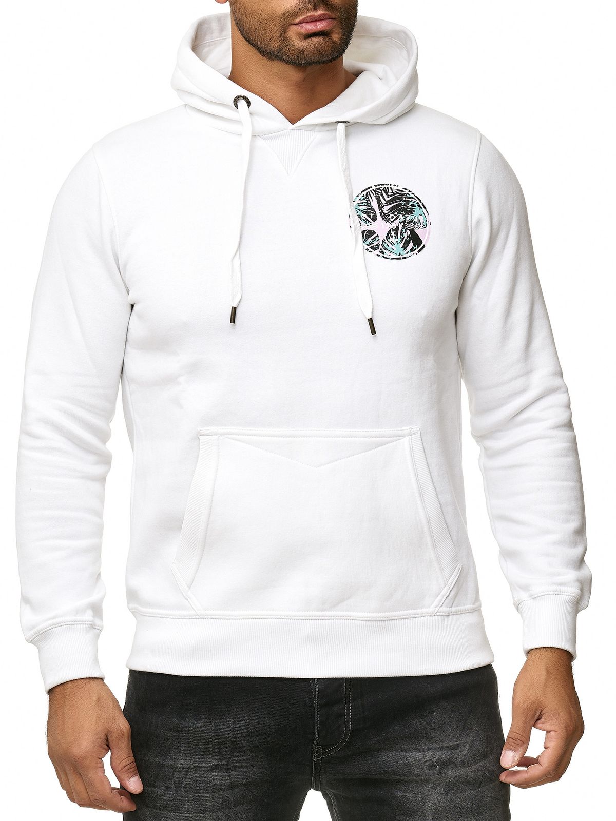 Trendiger Herren Kapuzen-Pullover mit tropischem Print und großem Rückendruck Hoodie Sweater 19101 Weiß