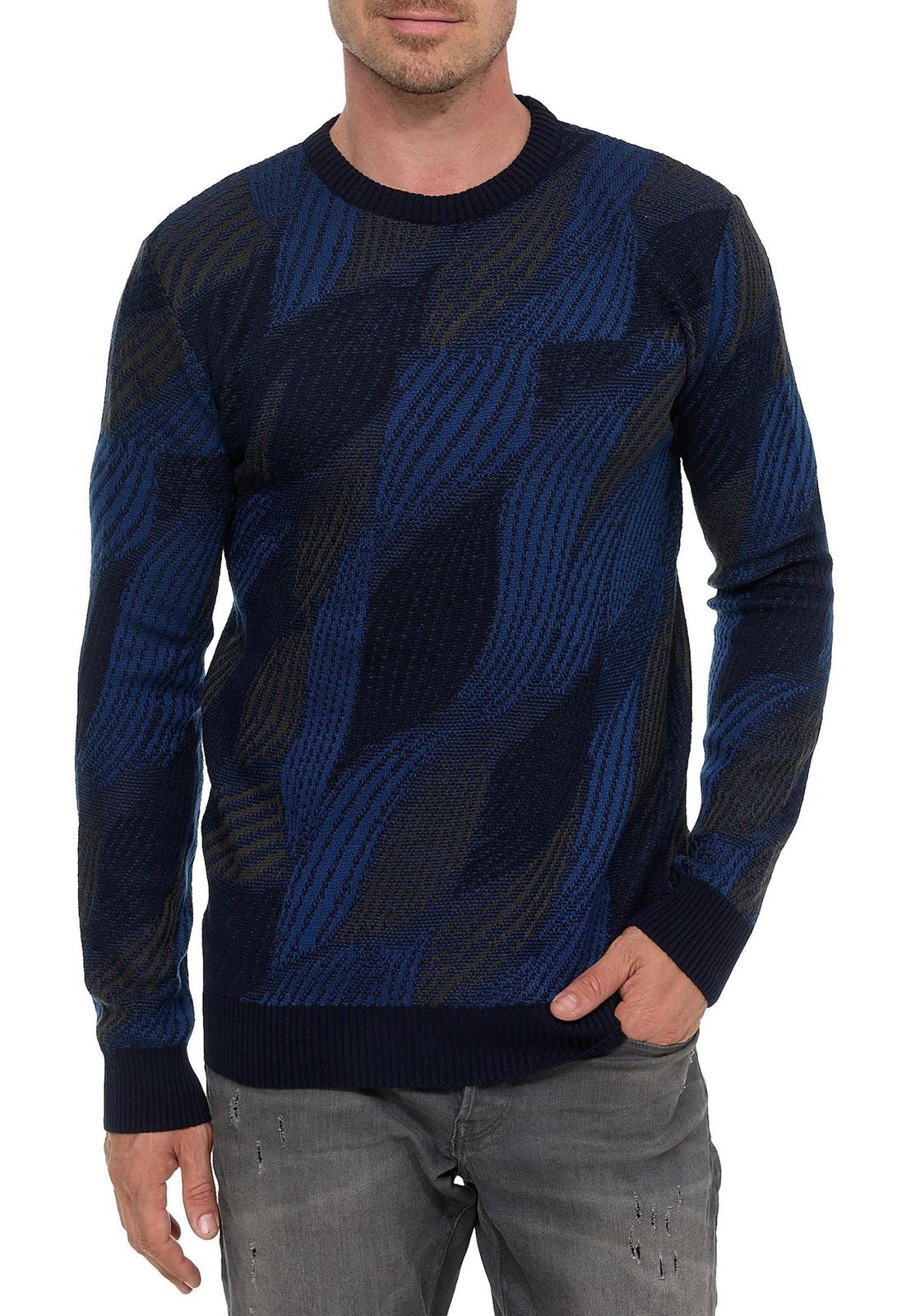 Trendiger Herren Rundhals-Pullover im Wellen-Design Feinstrick-Sweater 13445 Marine