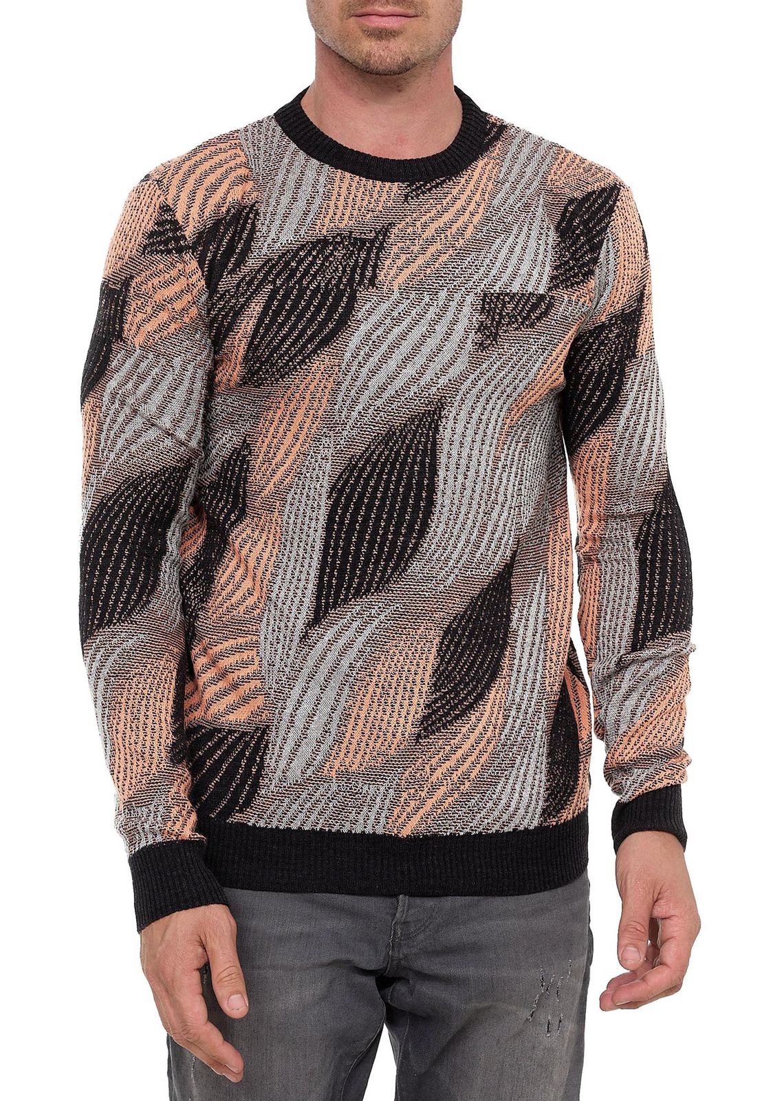Trendiger Herren Rundhals-Pullover im Wellen-Design Feinstrick-Sweater 13445 Orange