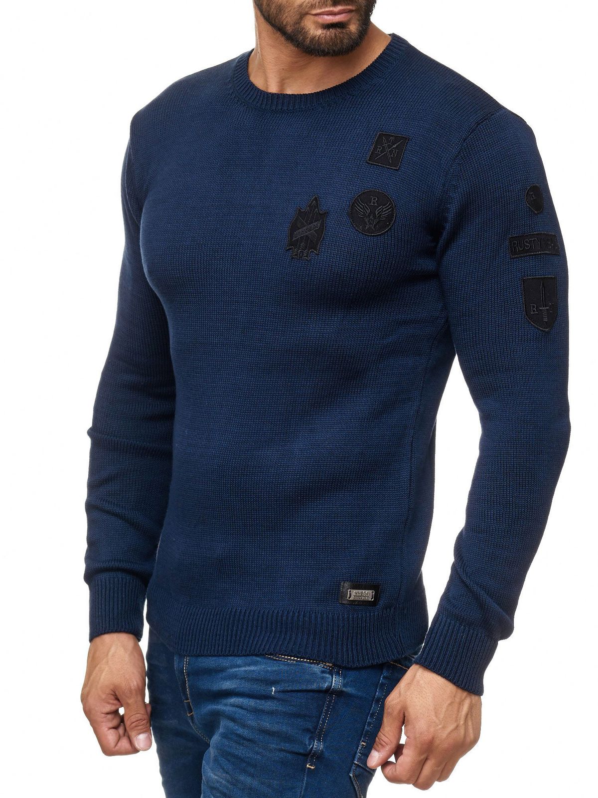 Trendiger Herren Rundhals-Sweater mit Patches Strick-Pullover im Military Style 13297 Marine
