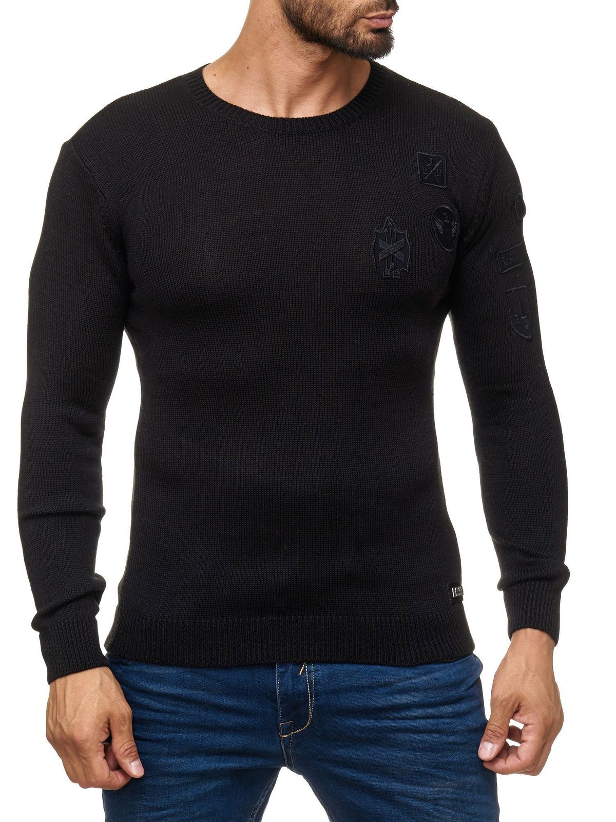 Trendiger Herren Rundhals-Sweater mit Patches Strick-Pullover im Military Style 13297 Schwarz