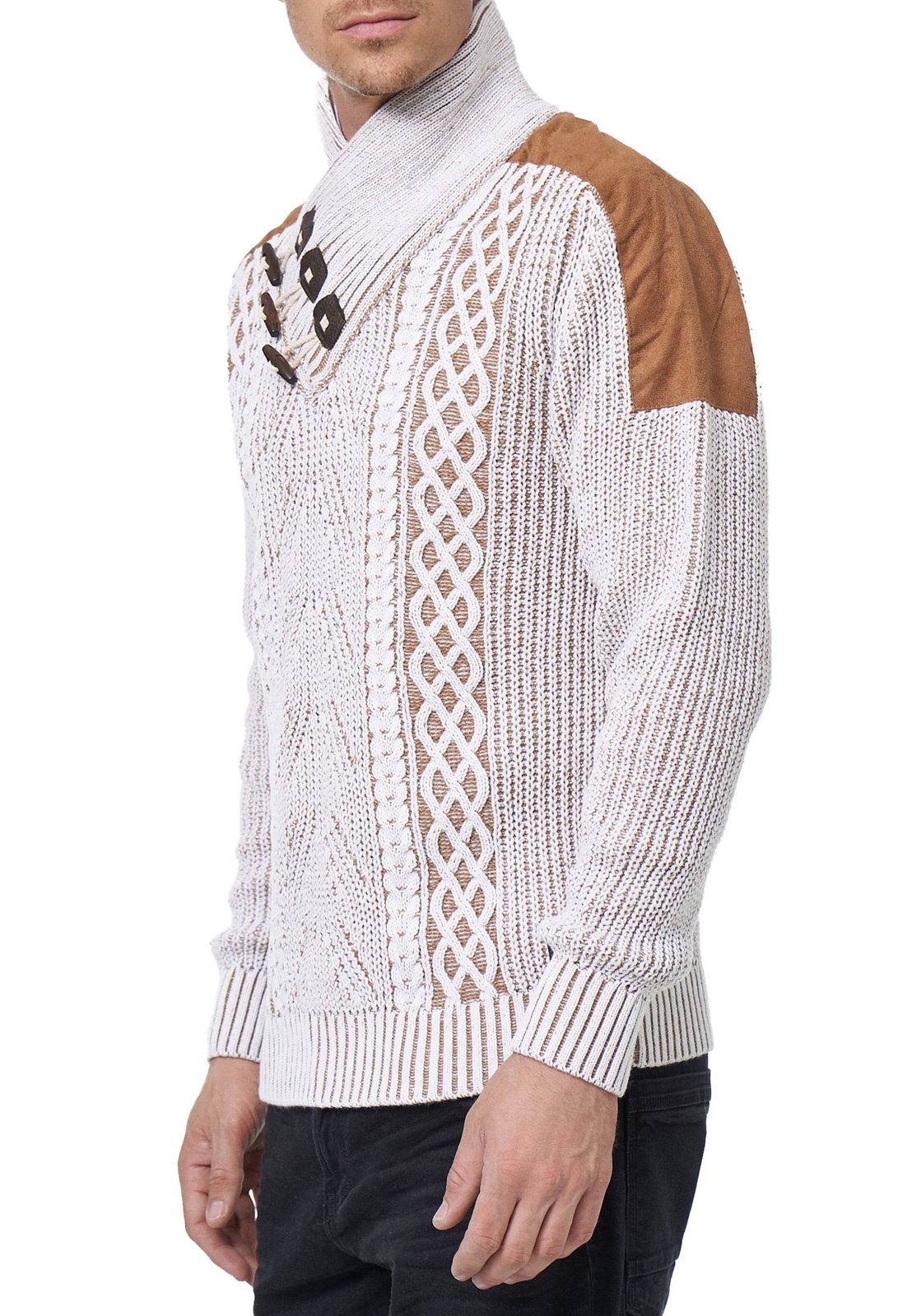 Trendiger Herren Stehkragen-Pullover mit Zopfmuster Grobstrick-Sweater 13391 Weiß