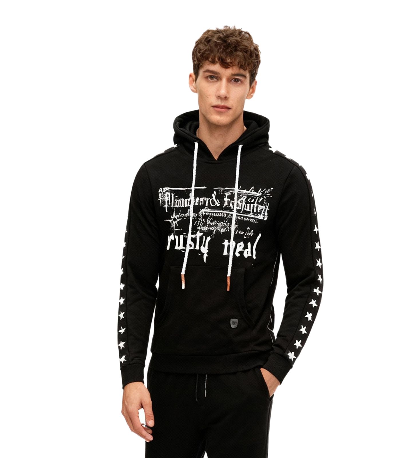 Trendiger Hoodie für Herren mit plakativem Frontprint Kapuzen-Pullover mit Kängurutasche Sweater 19138 Schwarz