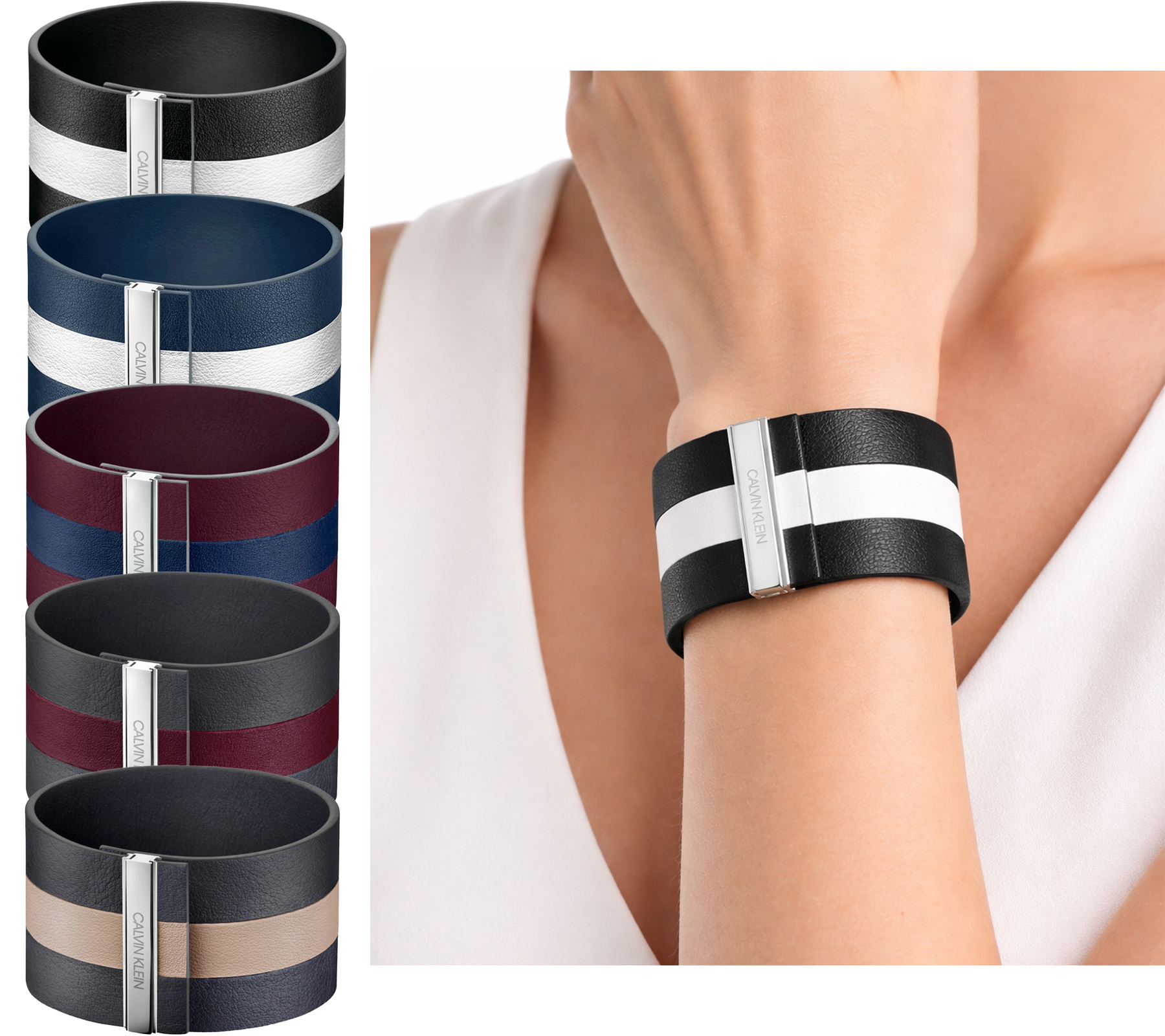 Trendiges Calvin Klein Damen Echtleder-Armband mit breitem Kontraststreifen Arm-Schmuck Größe XS 15cm KJ9K in Schwarz, Navy, Rot oder Anthrazit