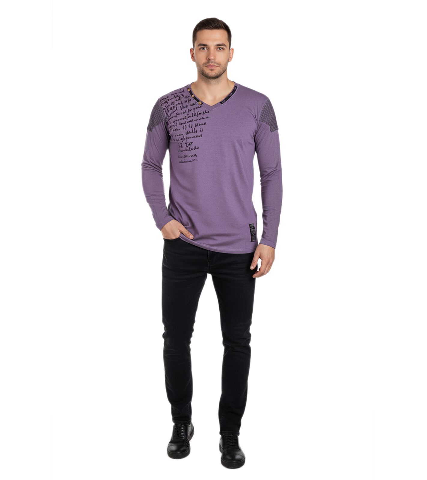 Trendiges Herren Longsleeve V-Ausschnitt Washed Print Design Slim Fit Langarm-Shirt 10117 Violett