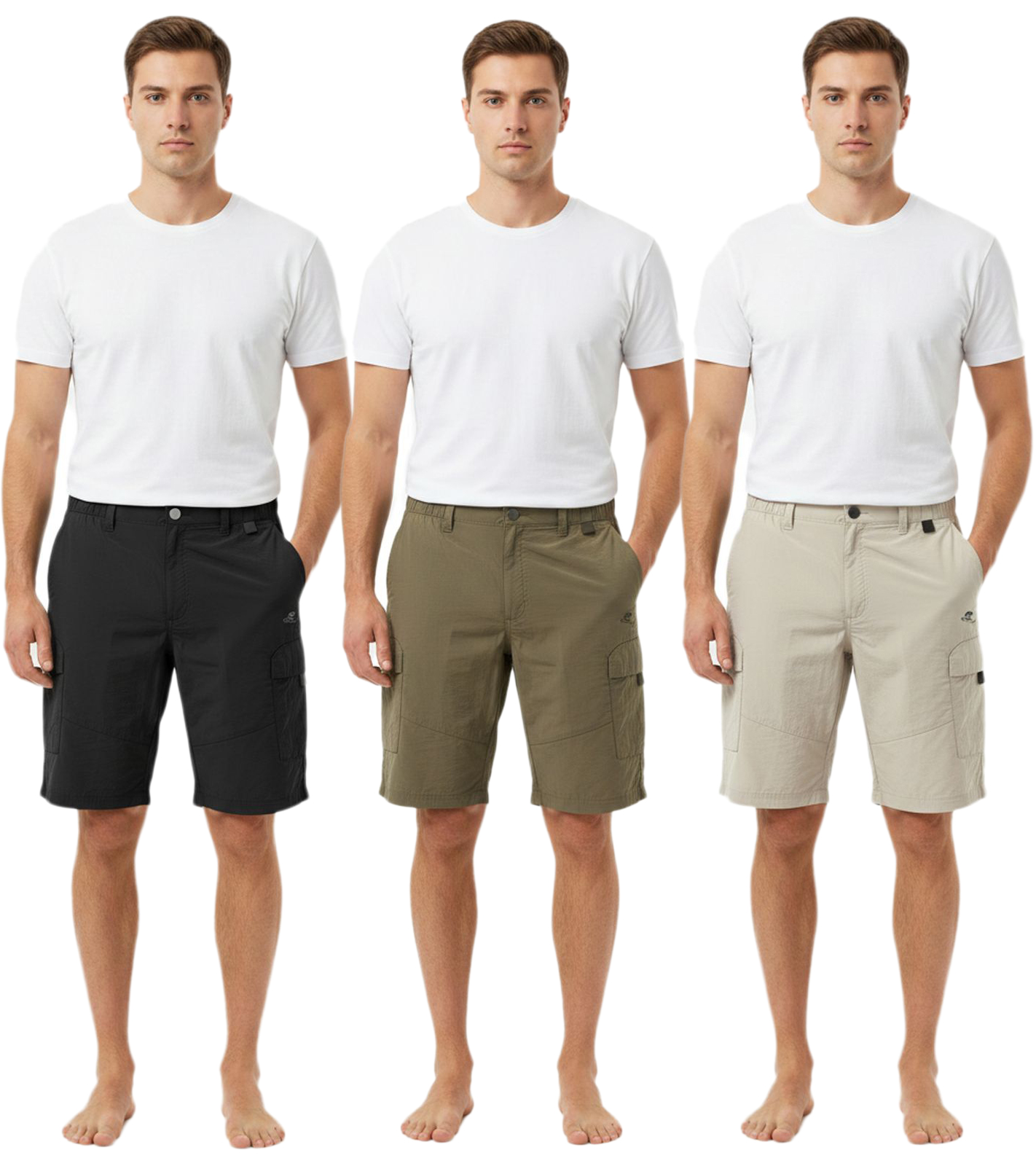 TRENTO Herren Cargo-Shorts leichte Freizeit-Shorts mit Logo-Stickerei kurze Hose in Schwarz, Oliv-Grün oder Beige