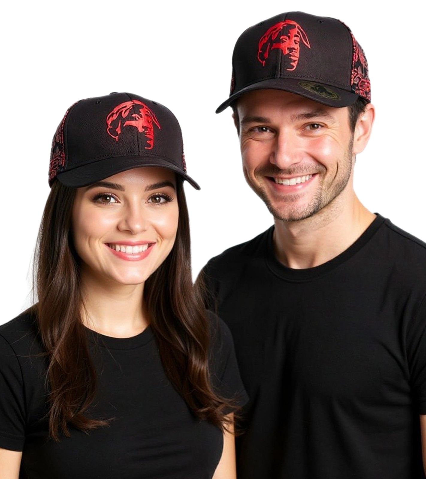 Tupac Damen und Herren Hip Hop Cap mit Tupac-Stickerei 2PAC Flat-Rim TC108517TUP3 Schwarz/Rot