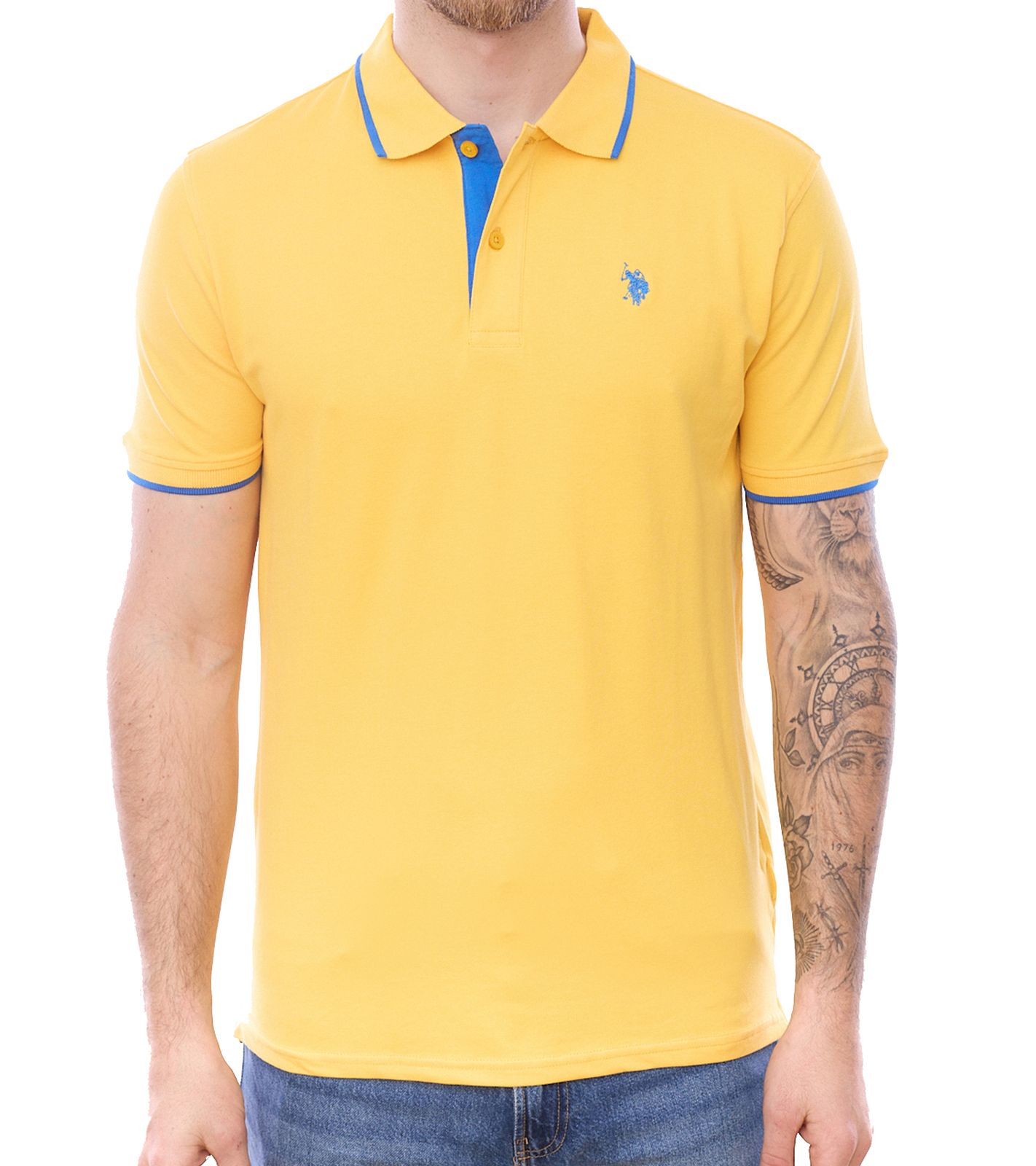 U.S. POLO ASSN. Herren Polo-Shirt Basic-Shirt Baumwoll-Shirt Kurzarm-Shirt 197 62779 52520 112 Gelb-Orange/Blau