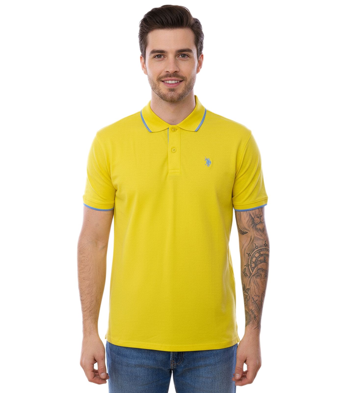 U.S. POLO ASSN. Herren Polo-Shirt Basic-Shirt Baumwoll-Shirt Kurzarm-Shirt 197 63899 52520 115 Gelb/Hellblau