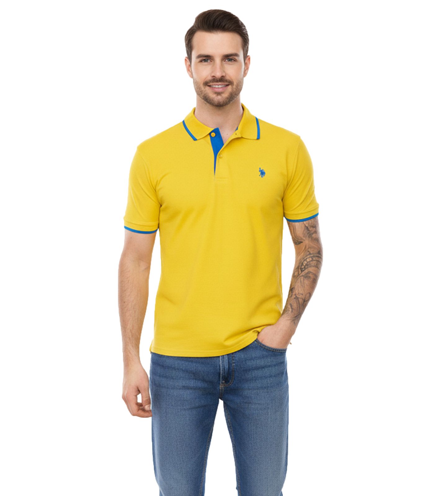 U.S. POLO ASSN. Herren Polo-Shirt Basic-Shirt Baumwoll-Shirt Kurzarm-Shirt 197 68163 52520 112 Gelb/Dunkelblau