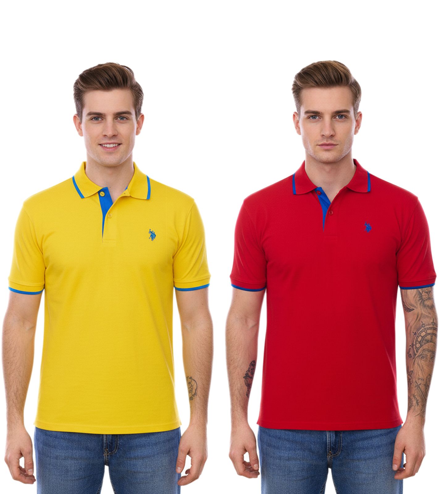 U.S. POLO ASSN. Herren Polo-Shirt Basic-Shirt Baumwoll-Shirt Kurzarm-Shirt in Gelb oder Rot mit blauen Details