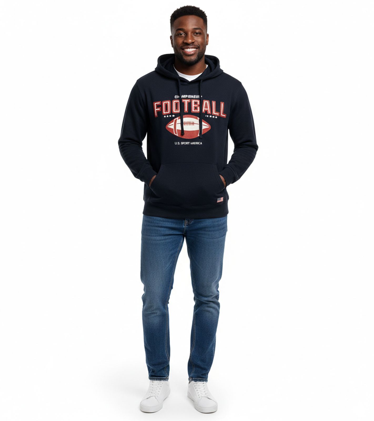 U.S. SPORT AMERICA Herren Hoodie mit Kapuze und großem Schriftzug Baumwoll-Hoodie Sommer-Pullover Freizeit-Hoodie Blau