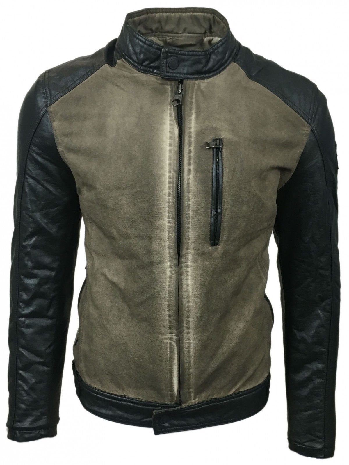 Urbane Herren Biker-Jacke Washed Look mit Kunstleder Ärmeln Slim Fit Übergangs-Jacke 8835 Beige