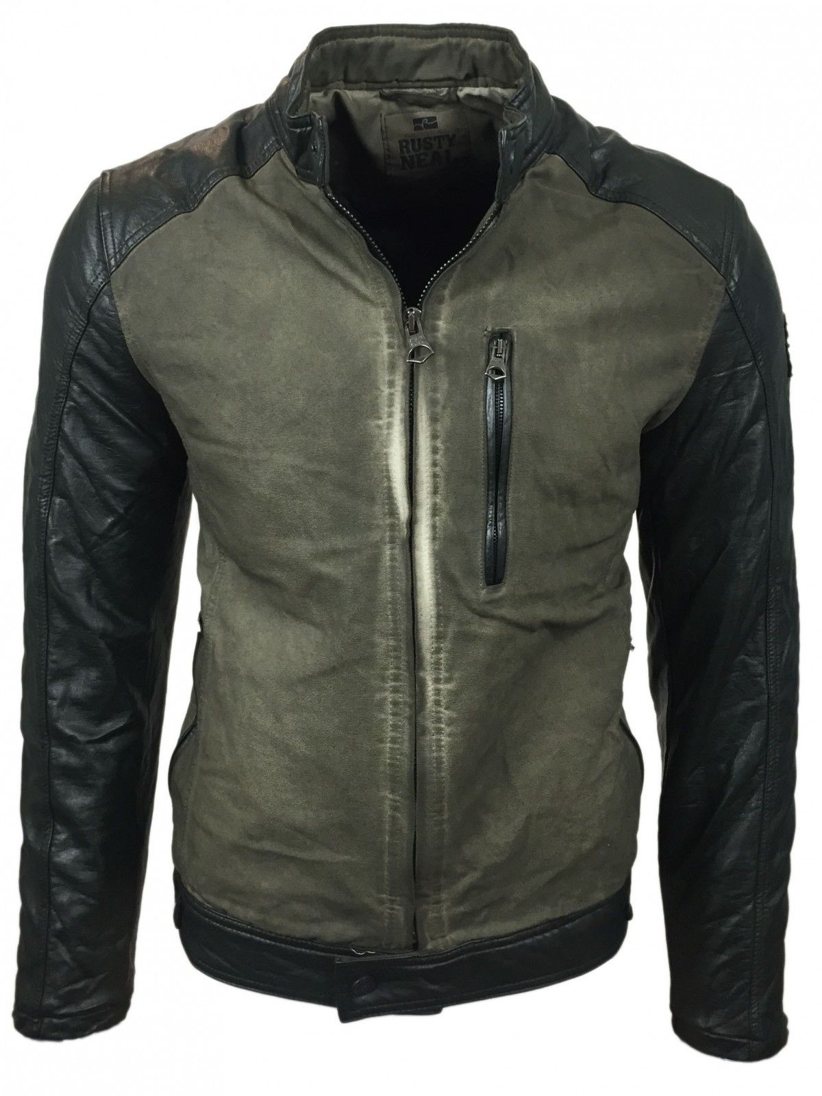 Urbane Herren Biker-Jacke Washed Look mit Kunstleder Ärmeln Slim Fit Übergangs-Jacke 8835 Khaki