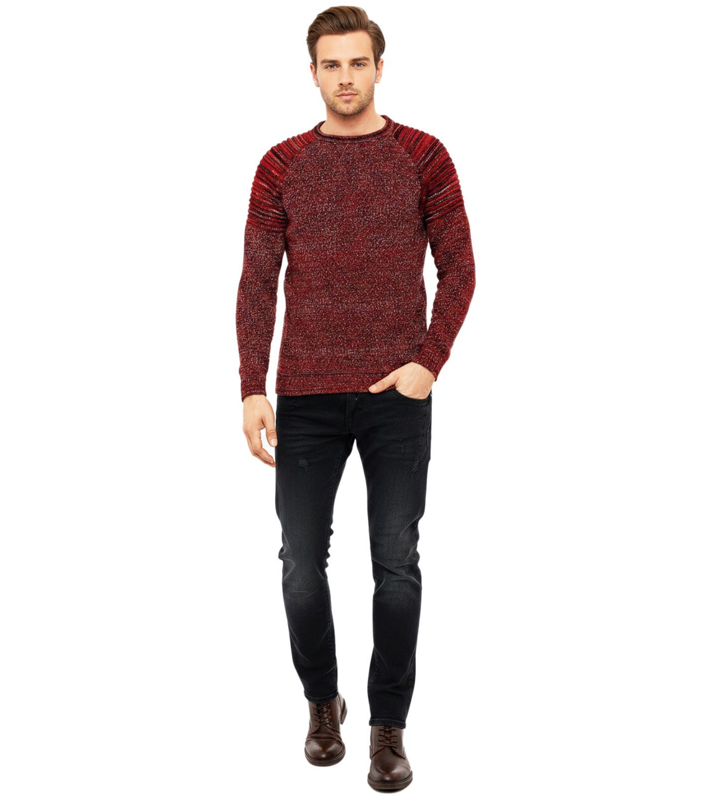 Urbaner Herren Feinstrick-Pullover Rundhals-Sweater Biker Knitwear Streetwear 6240 Rot