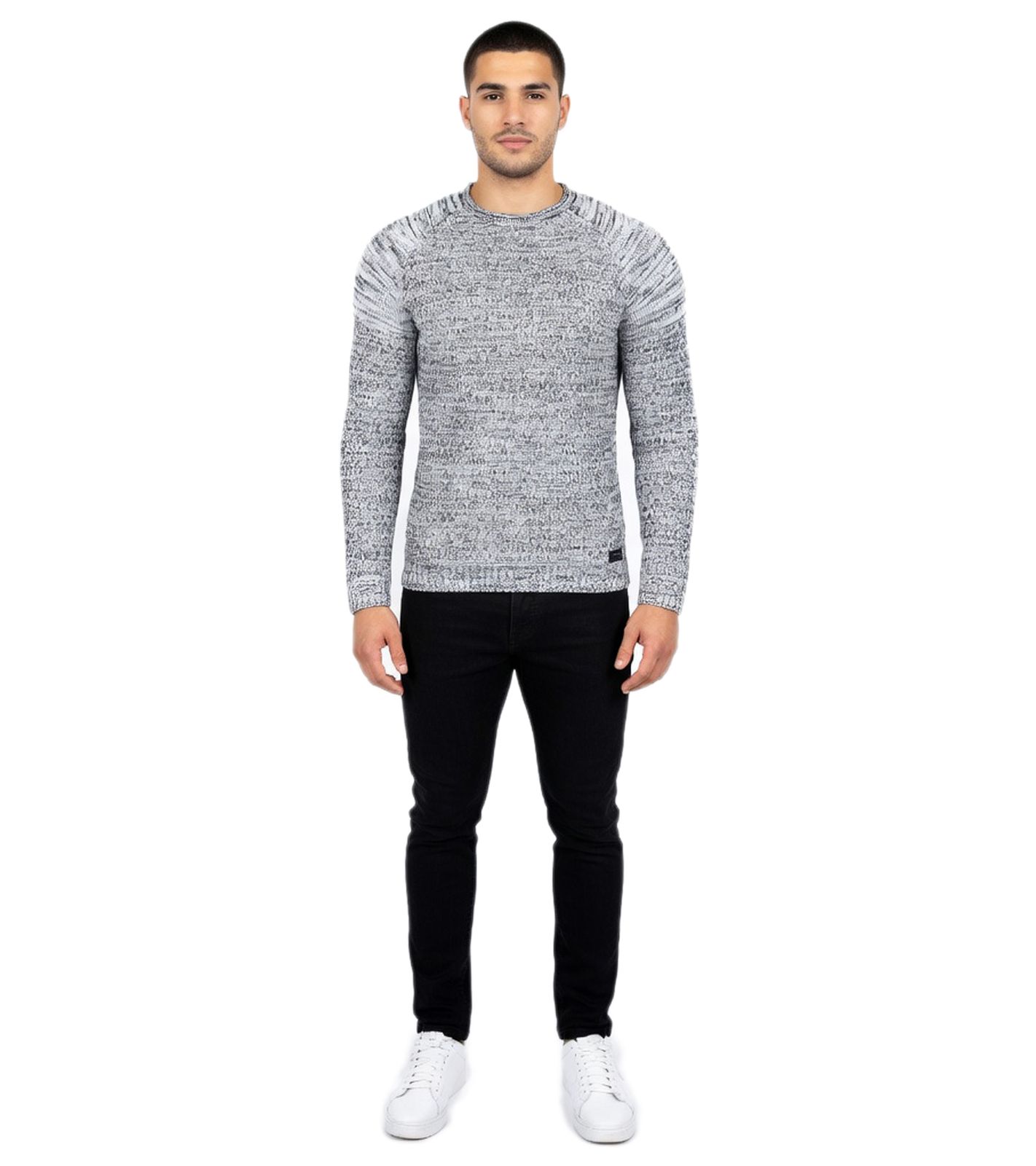 Urbaner Herren Feinstrick-Pullover Rundhals-Sweater Biker Knitwear Streetwear 6240 Schwarz/Weiß