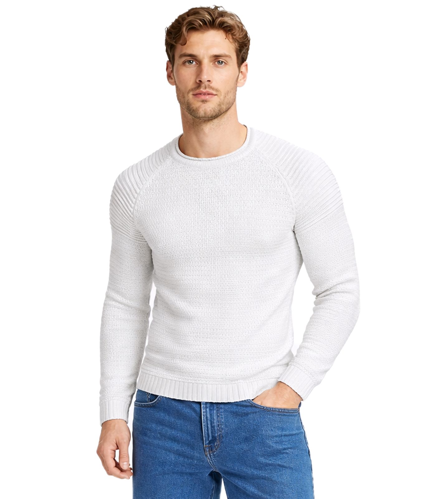 Urbaner Herren Feinstrick-Pullover Rundhals-Sweater Biker Knitwear Streetwear 6240 Weiß