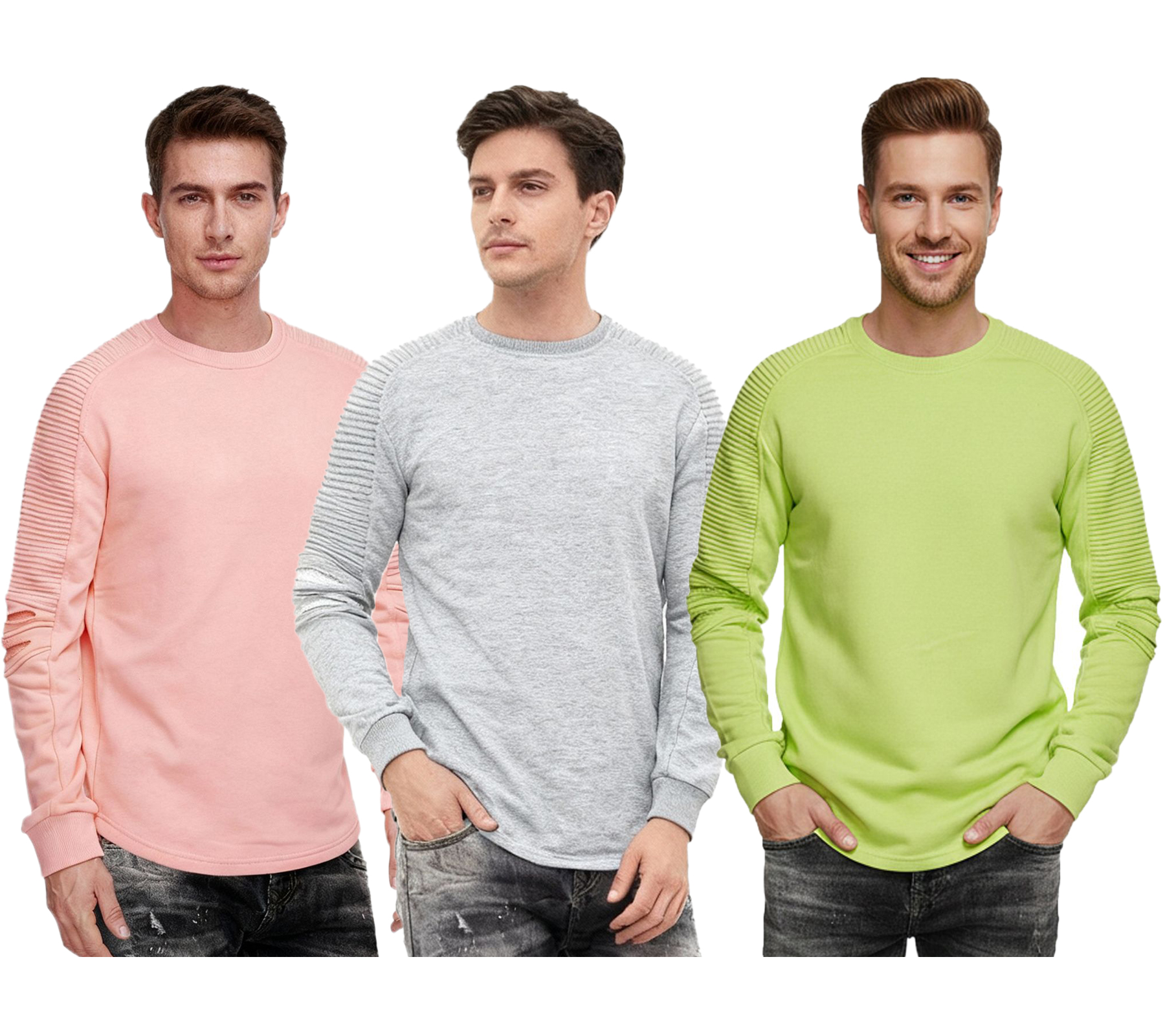 Urbanes Sweatshirt für Herren mit geripptem Ärmeldesign Pullover Sweater 19056 in Rosa, Grau oder Grün