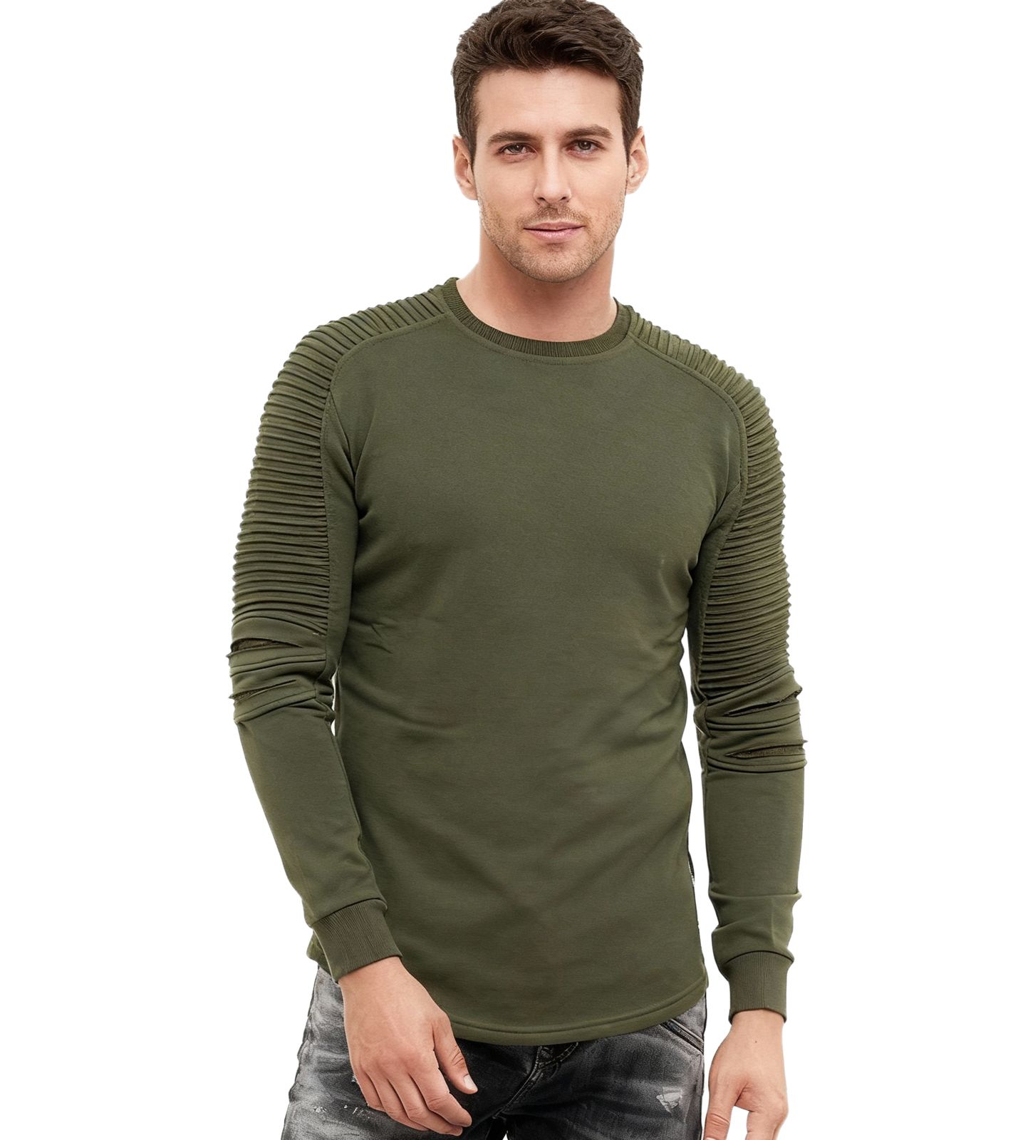 Urbanes Sweatshirt für Herren mit geripptem Ärmeldesign Pullover Sweater 19056 Khaki