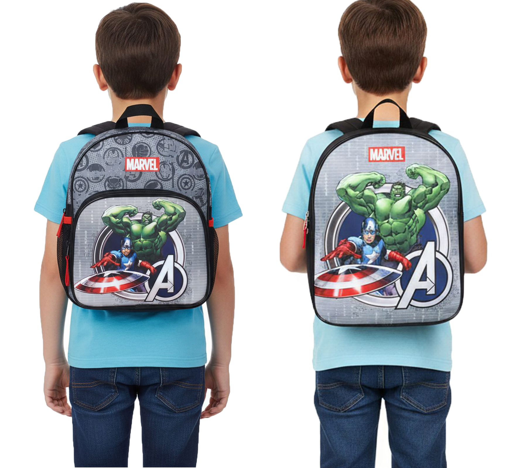 VADOBAG Kinder Rucksack im Avengers-Design mit Hulk und Captain America-Print Tages-Rucksack Kindergarten-Rucksack 5L 202-399 Grau