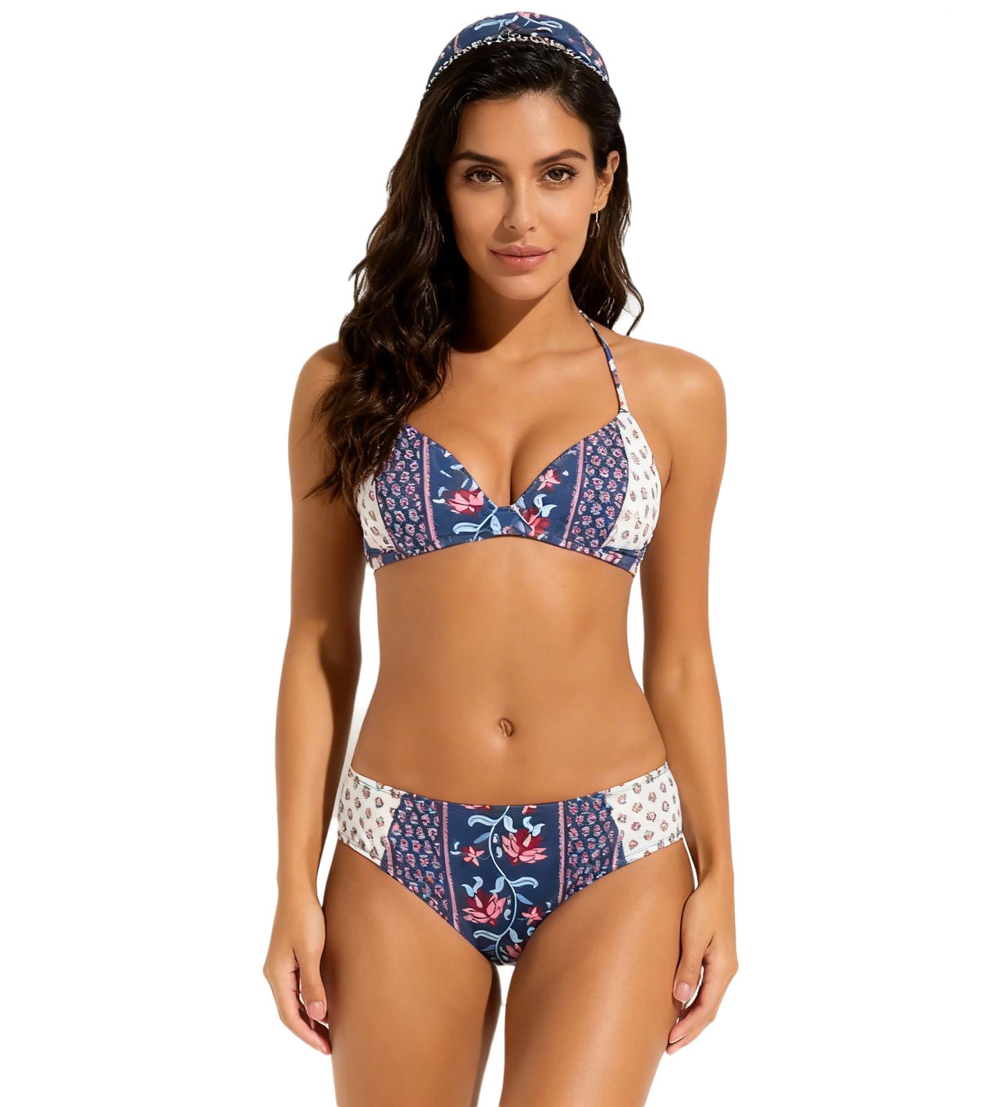 verspielte Damen Bikini Hose Bikini-Slip mit normalem Beinausschnitt und Ornamenten 976527 Blau/Pink/Beige