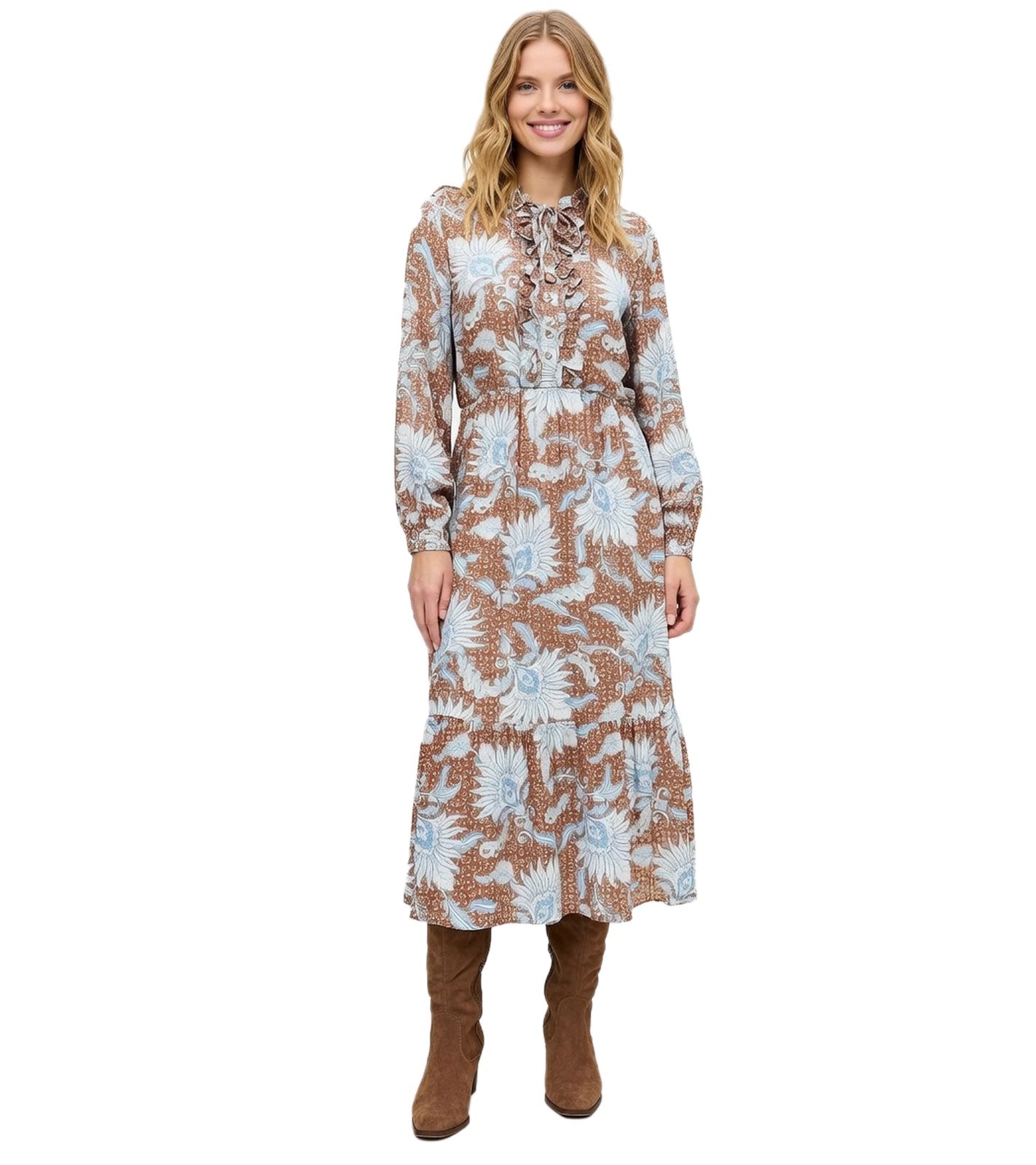 verträumtes Damen Maxi-Kleid Rüschen-Kleid Große Größen 928537 Braun/Blau