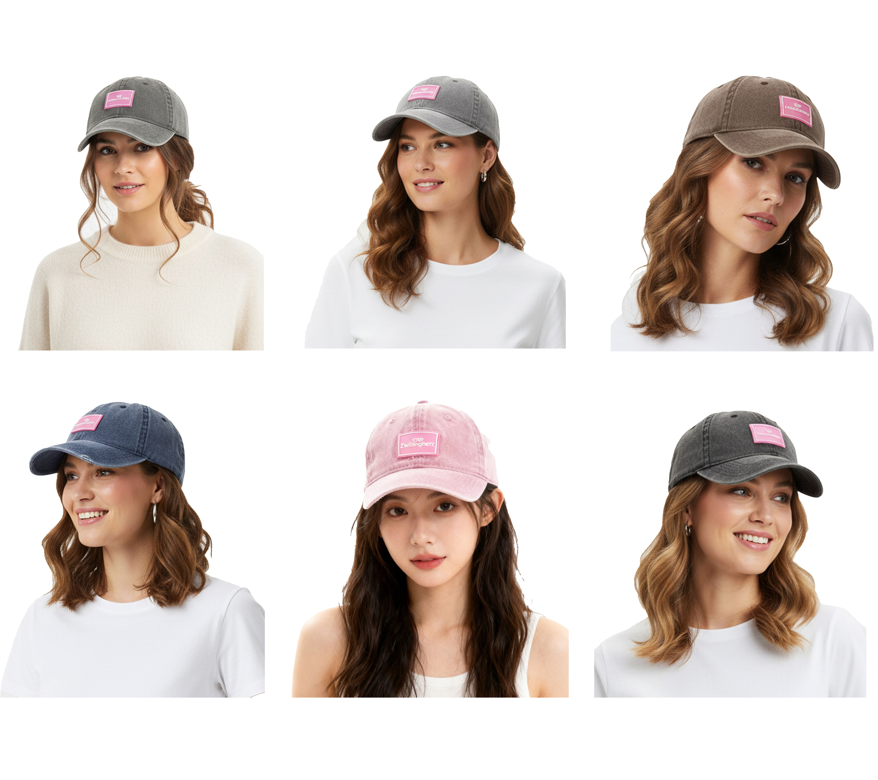 verwaschene ZWILLINGSHERZ Basic Classic Base-Cap mit Logo-Patch Baumwoll-Cap justierbare Cappy Schirm-Mütze 4603M K25357 in Army-Grün/Grau, Grau, Braun, Navy-Blau, Pink oder Schwarz