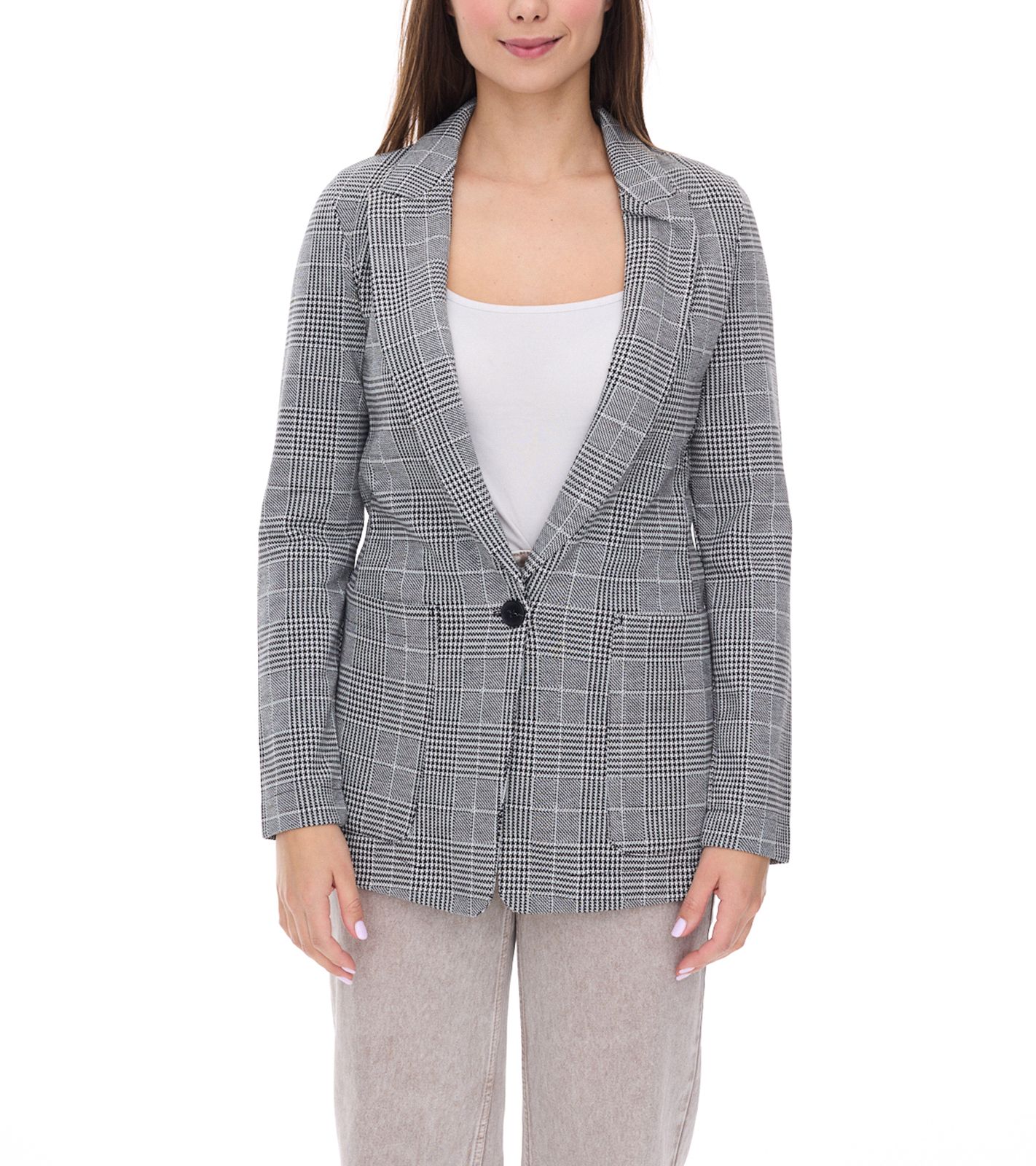 vestino Damen Blazer karierter Herbst-Blazer mit Reverskragen Alltags-Sakko 900719 Grau