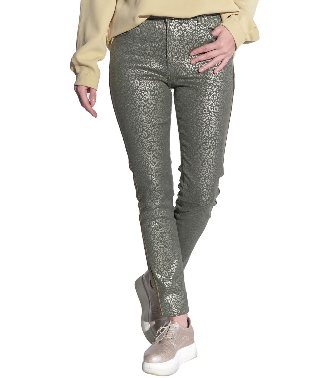 vestino Damen Leo-Print Hose mit schimmernden Details und Zierstreifen Freizeit-Hose Herbst-Hose 900828 Grün